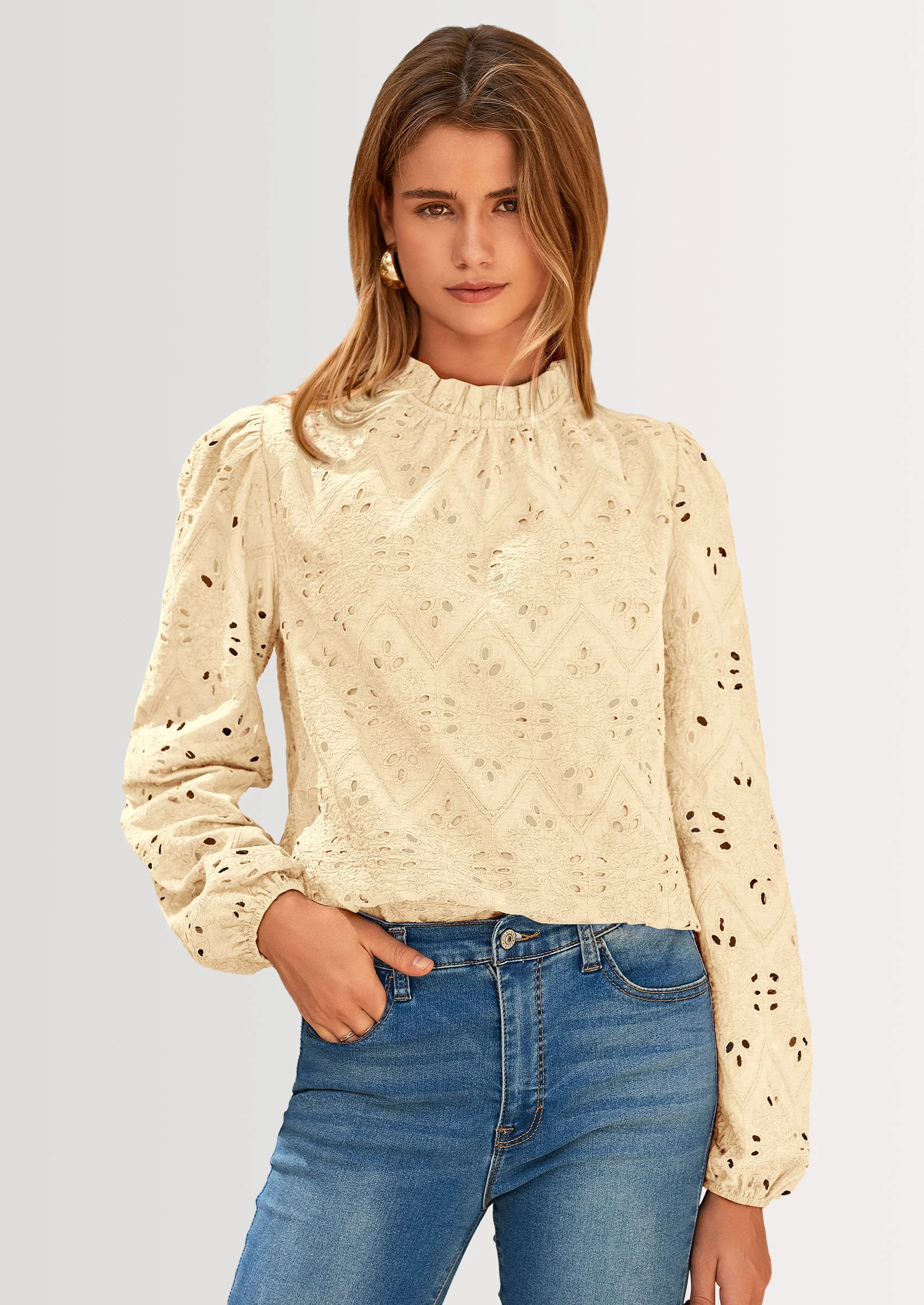 PRETTYGARDEN Womens Tops Dressy Casual Spring Long Sleeve Shirts Embroidered Eyelet Blouses Going Out Outfits