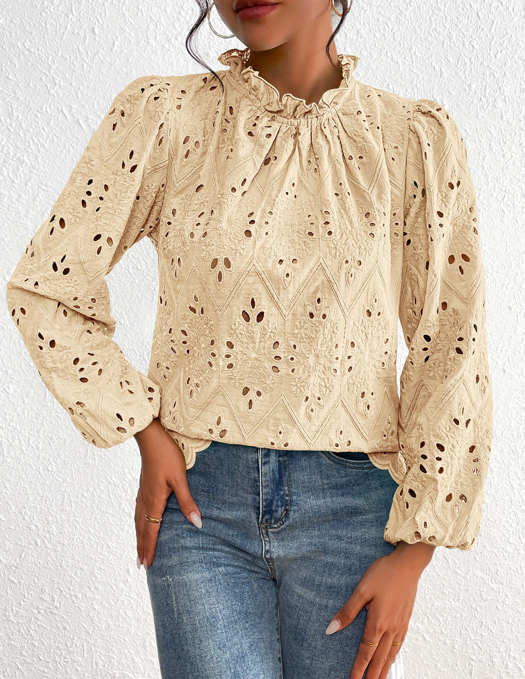 PRETTYGARDEN Womens Tops Dressy Casual Spring Long Sleeve Shirts Embroidered Eyelet Blouses Going Out Outfits - Image 10