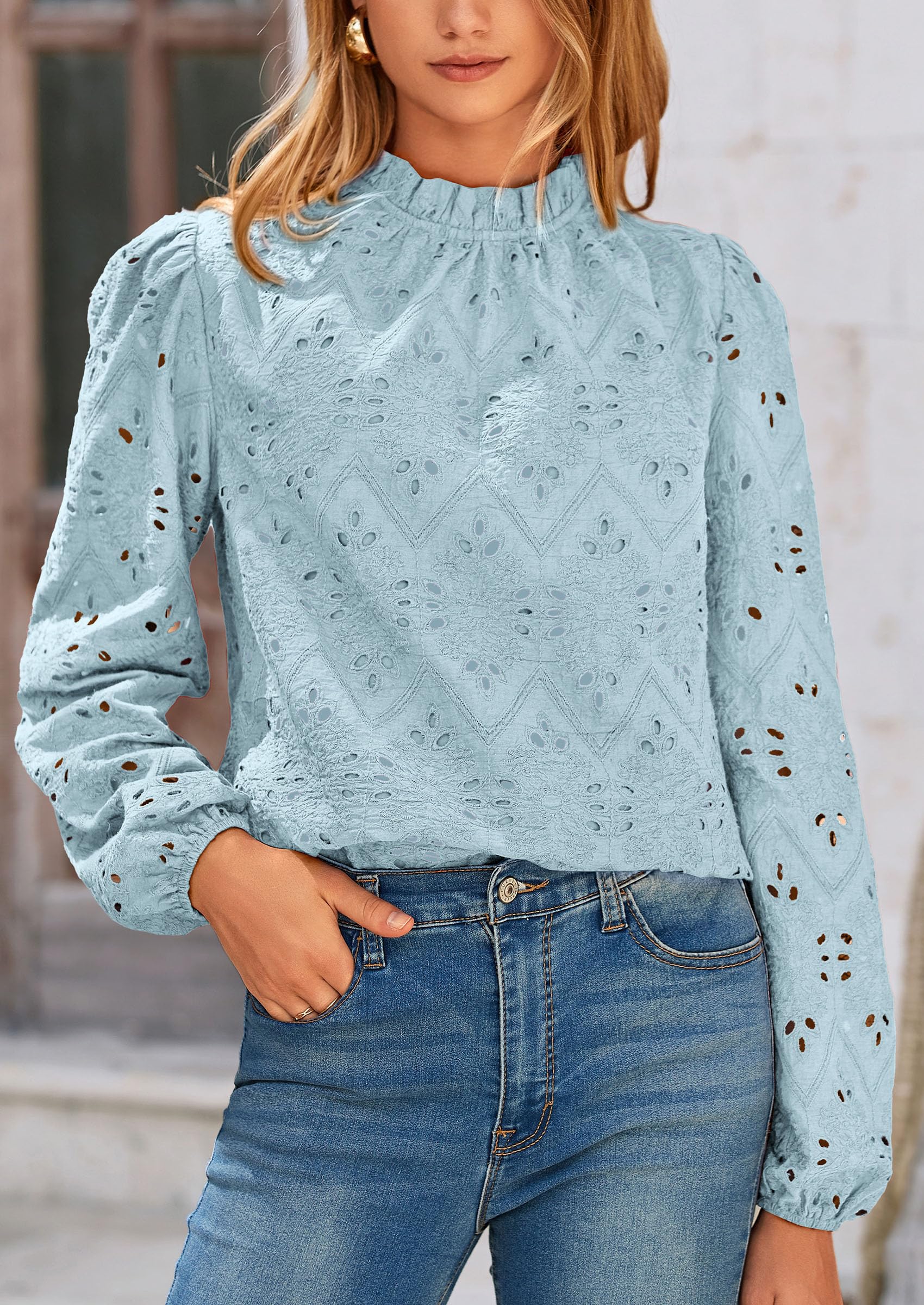 PRETTYGARDEN Womens Tops Dressy Casual Spring Long Sleeve Shirts Embroidered Eyelet Blouses Going Out Outfits - Image 15