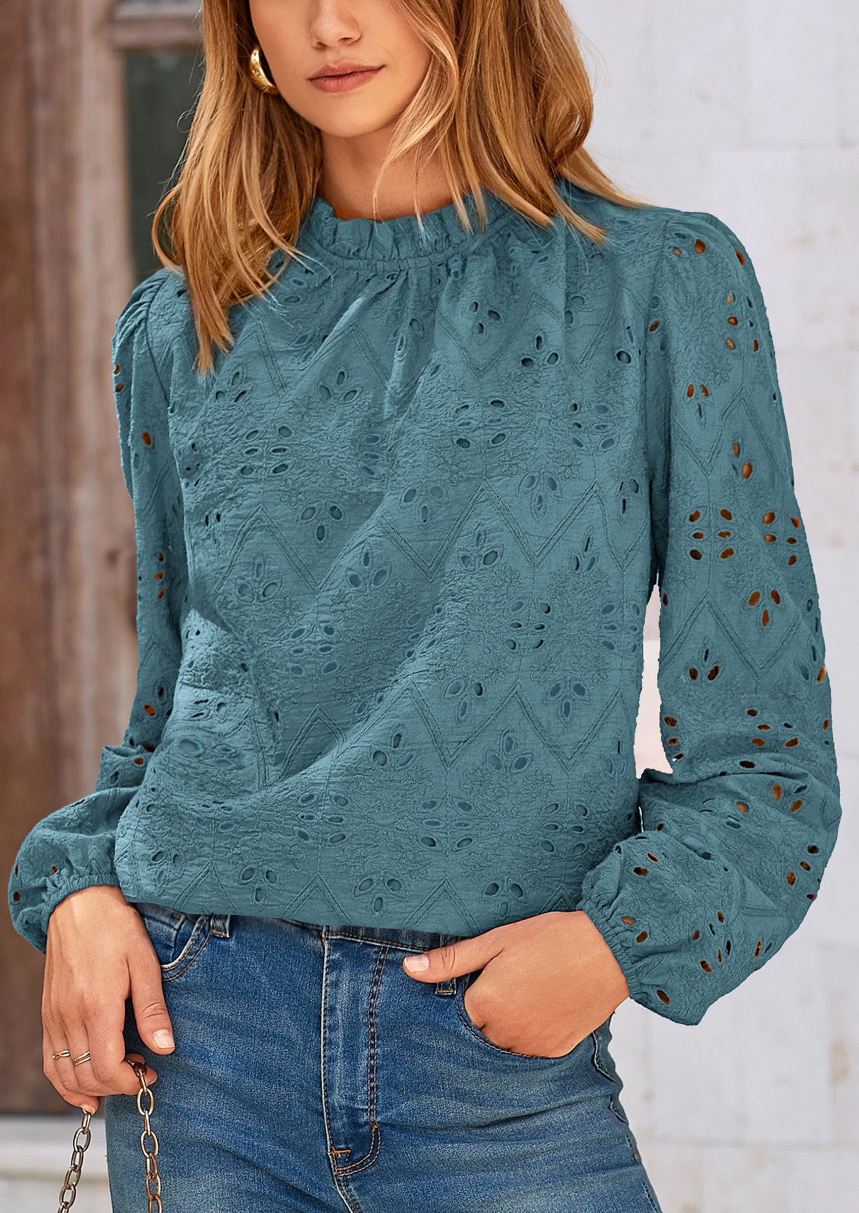 PRETTYGARDEN Womens Tops Dressy Casual Spring Long Sleeve Shirts Embroidered Eyelet Blouses Going Out Outfits - Image 43