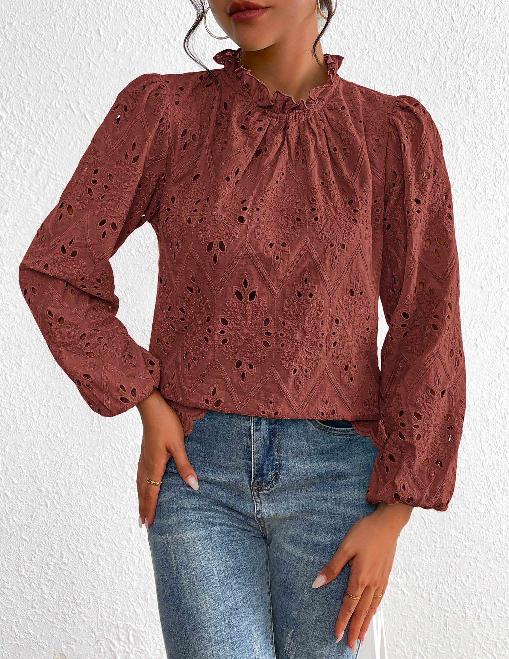 PRETTYGARDEN Womens Tops Dressy Casual Spring Long Sleeve Shirts Embroidered Eyelet Blouses Going Out Outfits - Image 59