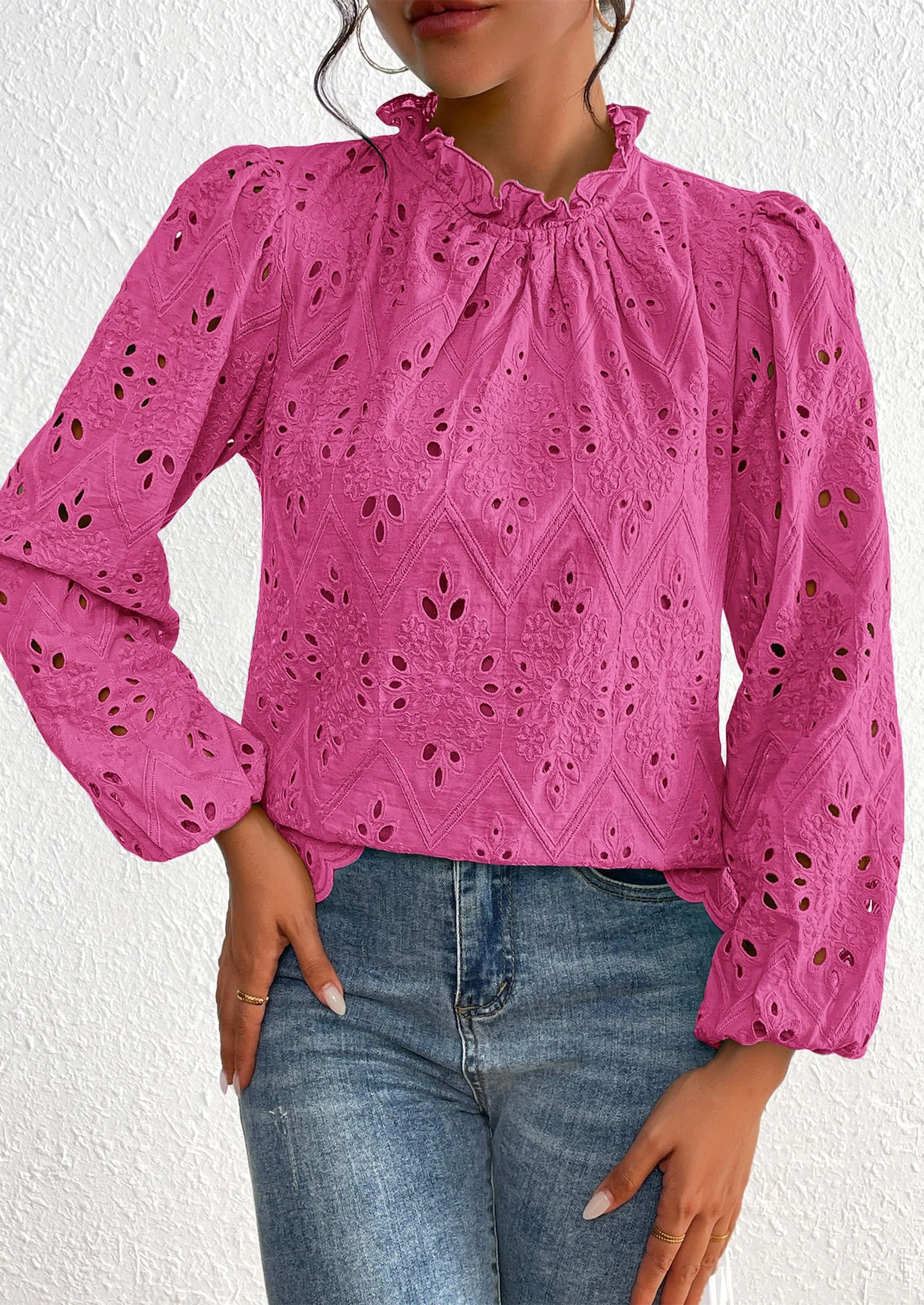 PRETTYGARDEN Womens Tops Dressy Casual Spring Long Sleeve Shirts Embroidered Eyelet Blouses Going Out Outfits - Image 85