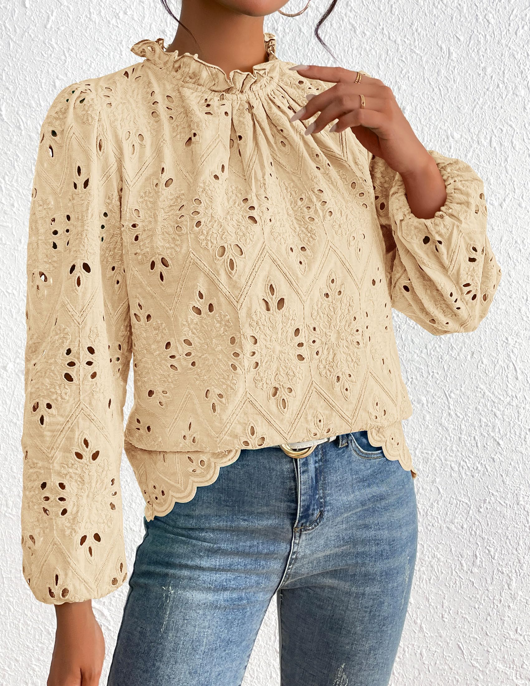 PRETTYGARDEN Womens Tops Dressy Casual Spring Long Sleeve Shirts Embroidered Eyelet Blouses Going Out Outfits - Image 9