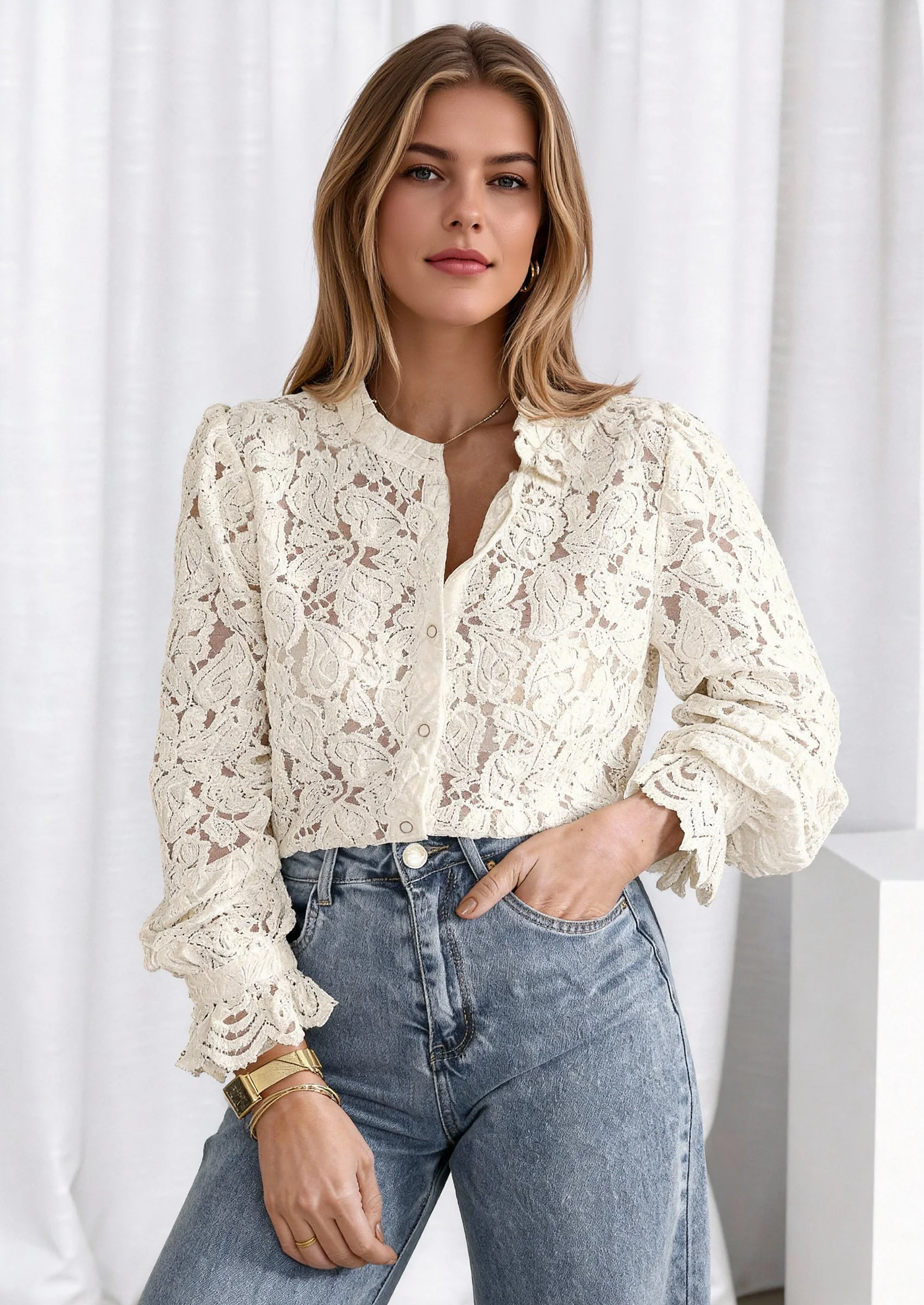 PRETTYGARDEN Women's Dressy Casual Lace Blouse Long Sleeve Button Up Shirts Tops Spring Fall Fashion Clothes