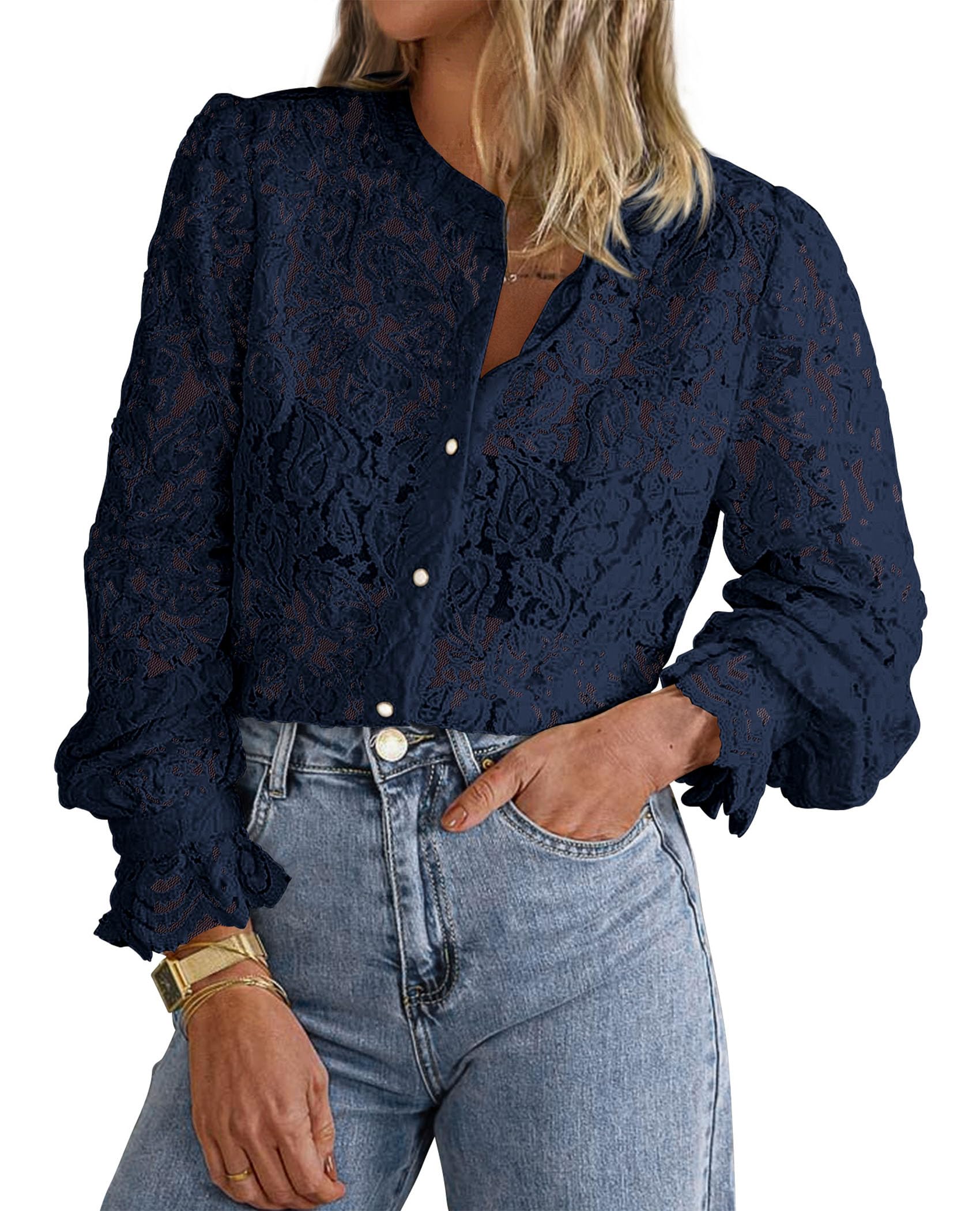 PRETTYGARDEN Women's Dressy Casual Lace Blouse Long Sleeve Button Up Shirts Tops Spring Fall Fashion Clothes - Image 110