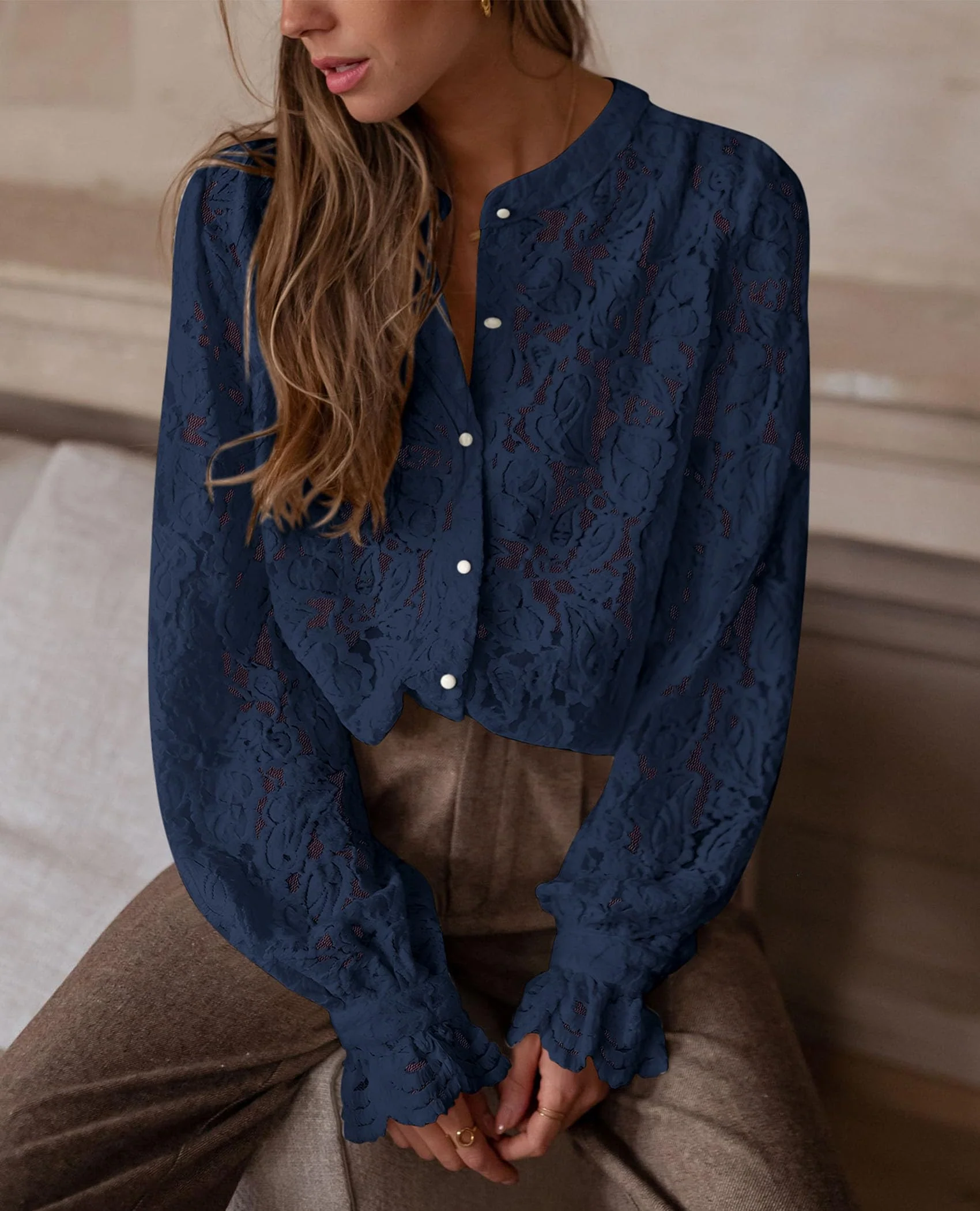 PRETTYGARDEN Women's Dressy Casual Lace Blouse Long Sleeve Button Up Shirts Tops Spring Fall Fashion Clothes - Image 112