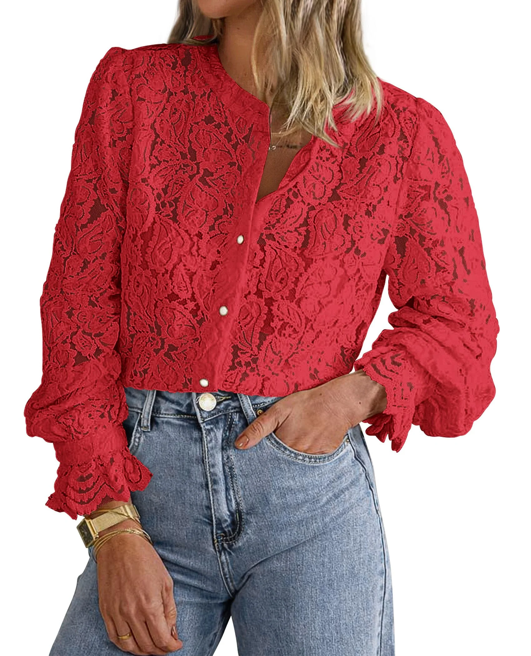 PRETTYGARDEN Women's Dressy Casual Lace Blouse Long Sleeve Button Up Shirts Tops Spring Fall Fashion Clothes - Image 122
