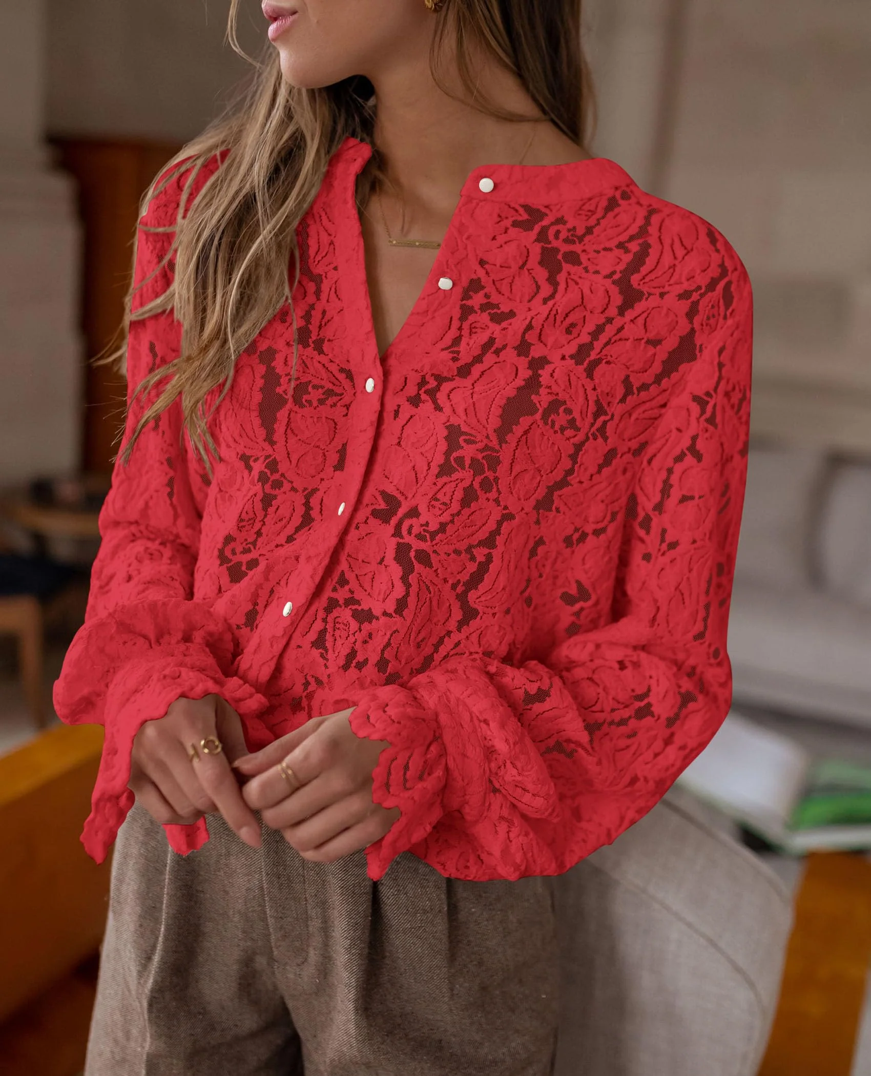 PRETTYGARDEN Women's Dressy Casual Lace Blouse Long Sleeve Button Up Shirts Tops Spring Fall Fashion Clothes - Image 128