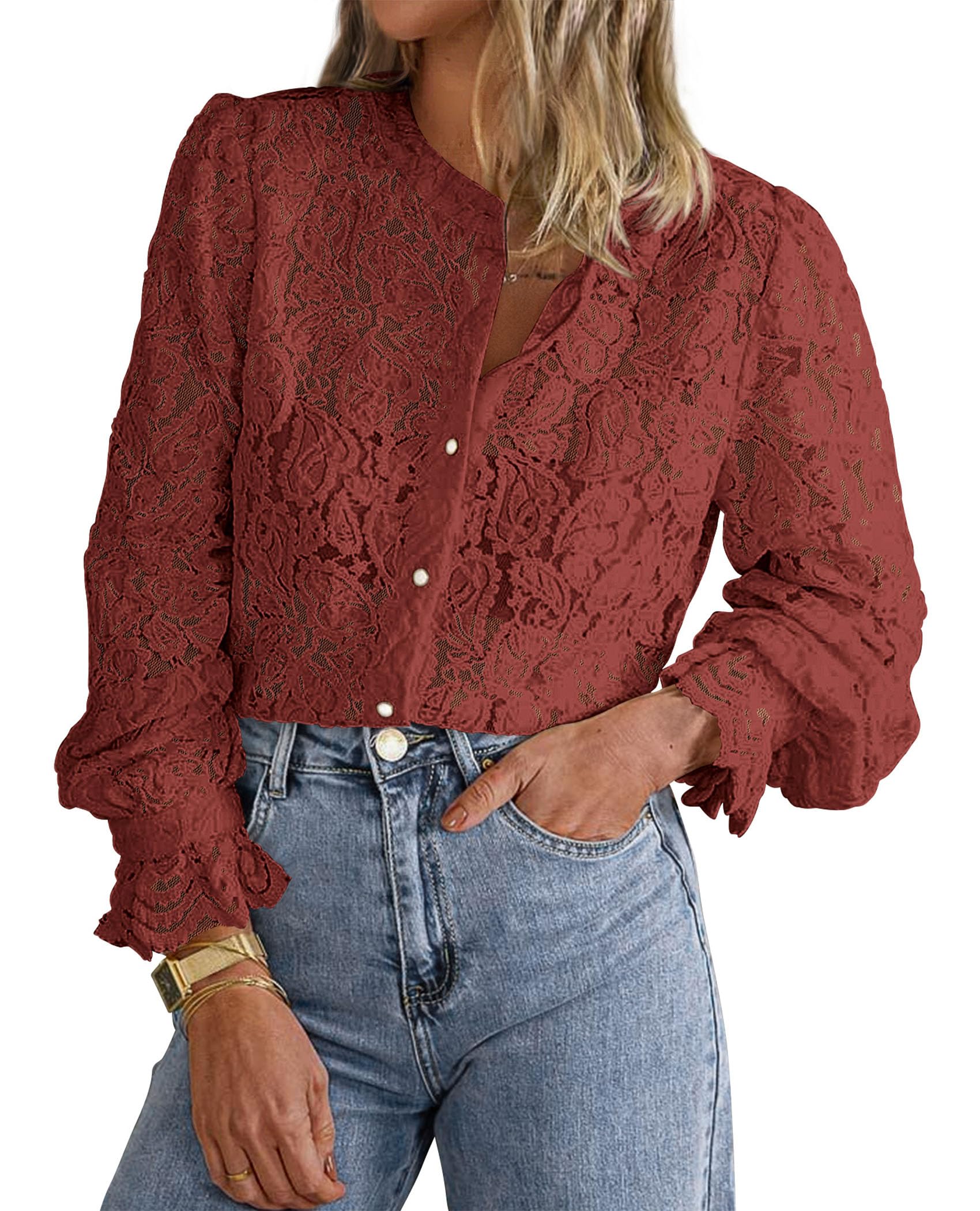 PRETTYGARDEN Women's Dressy Casual Lace Blouse Long Sleeve Button Up Shirts Tops Spring Fall Fashion Clothes - Image 136