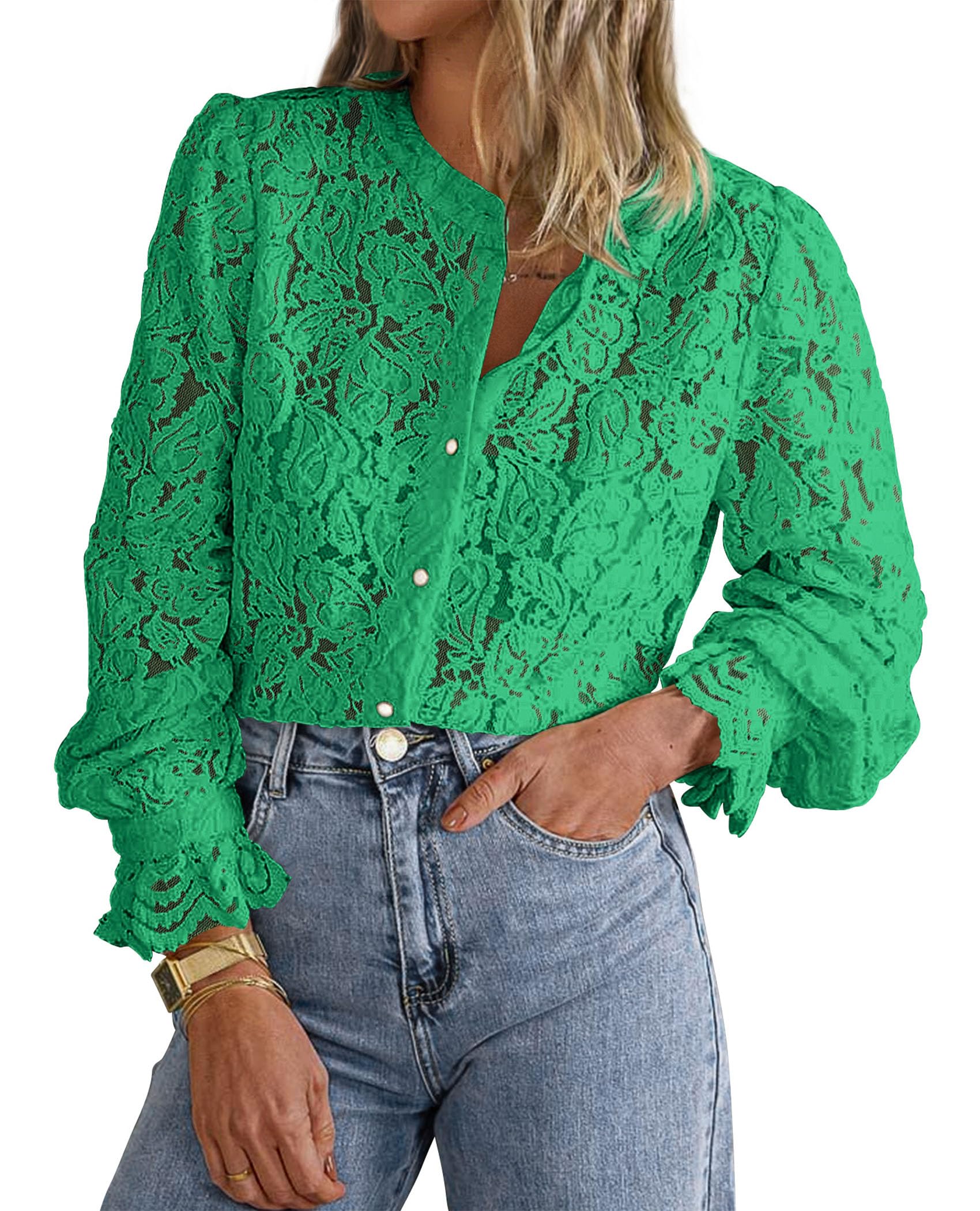 PRETTYGARDEN Women's Dressy Casual Lace Blouse Long Sleeve Button Up Shirts Tops Spring Fall Fashion Clothes - Image 66