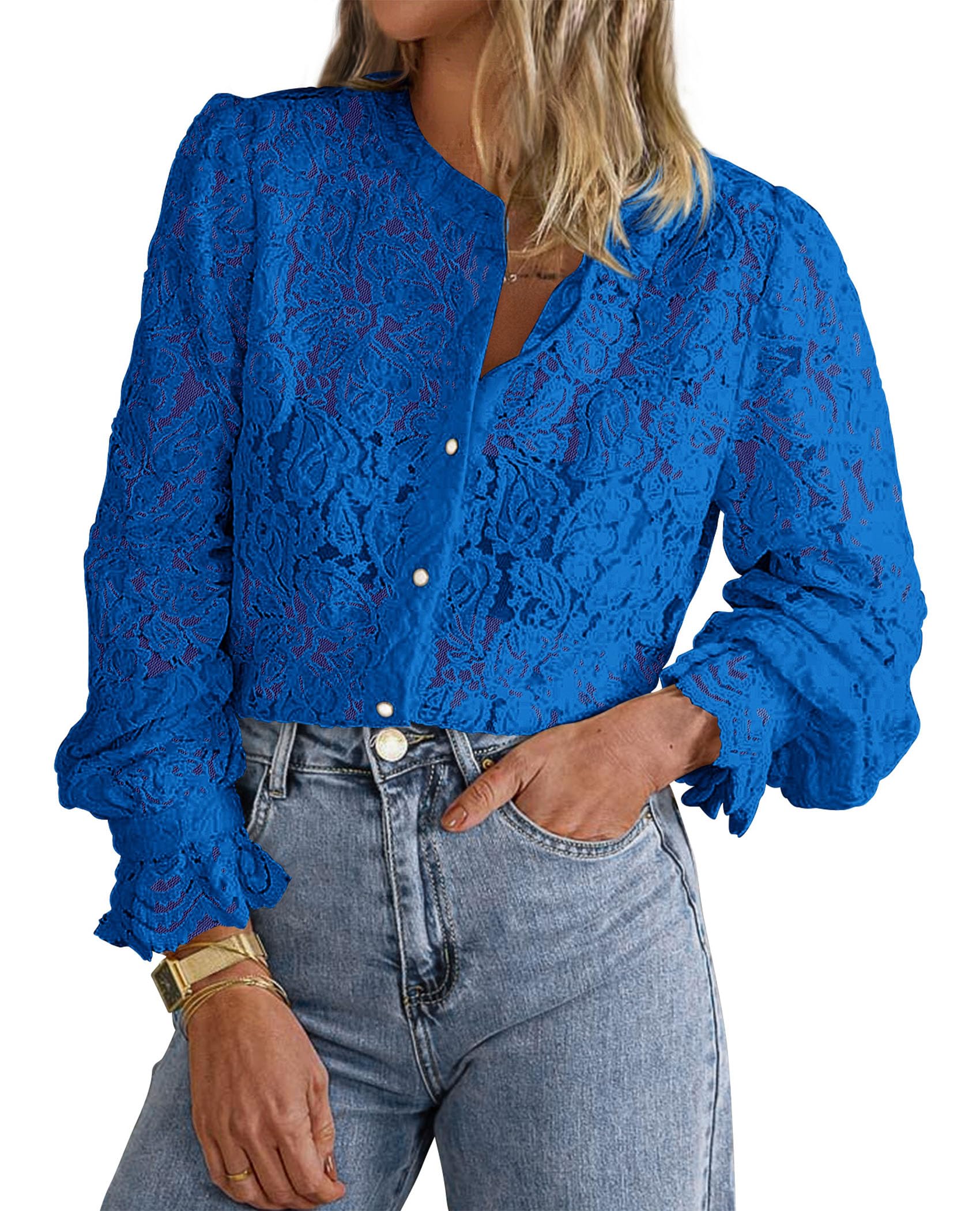 PRETTYGARDEN Women's Dressy Casual Lace Blouse Long Sleeve Button Up Shirts Tops Spring Fall Fashion Clothes - Image 73