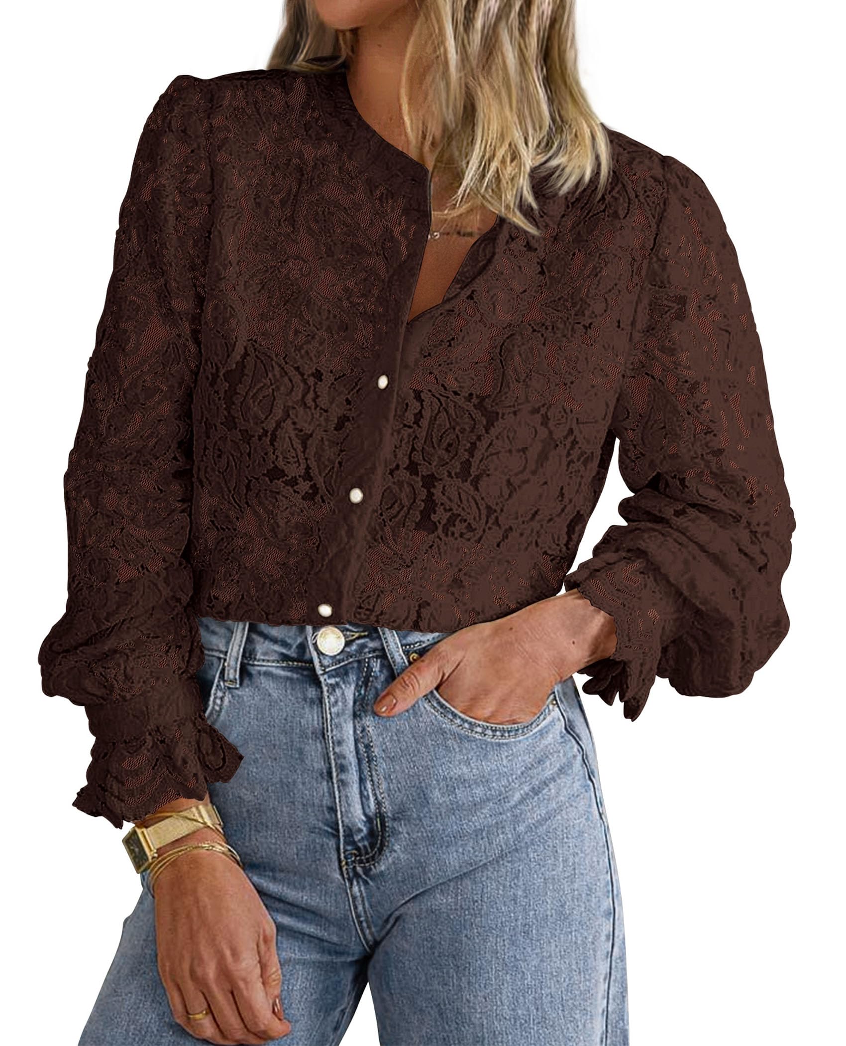 PRETTYGARDEN Women's Dressy Casual Lace Blouse Long Sleeve Button Up Shirts Tops Spring Fall Fashion Clothes - Image 80