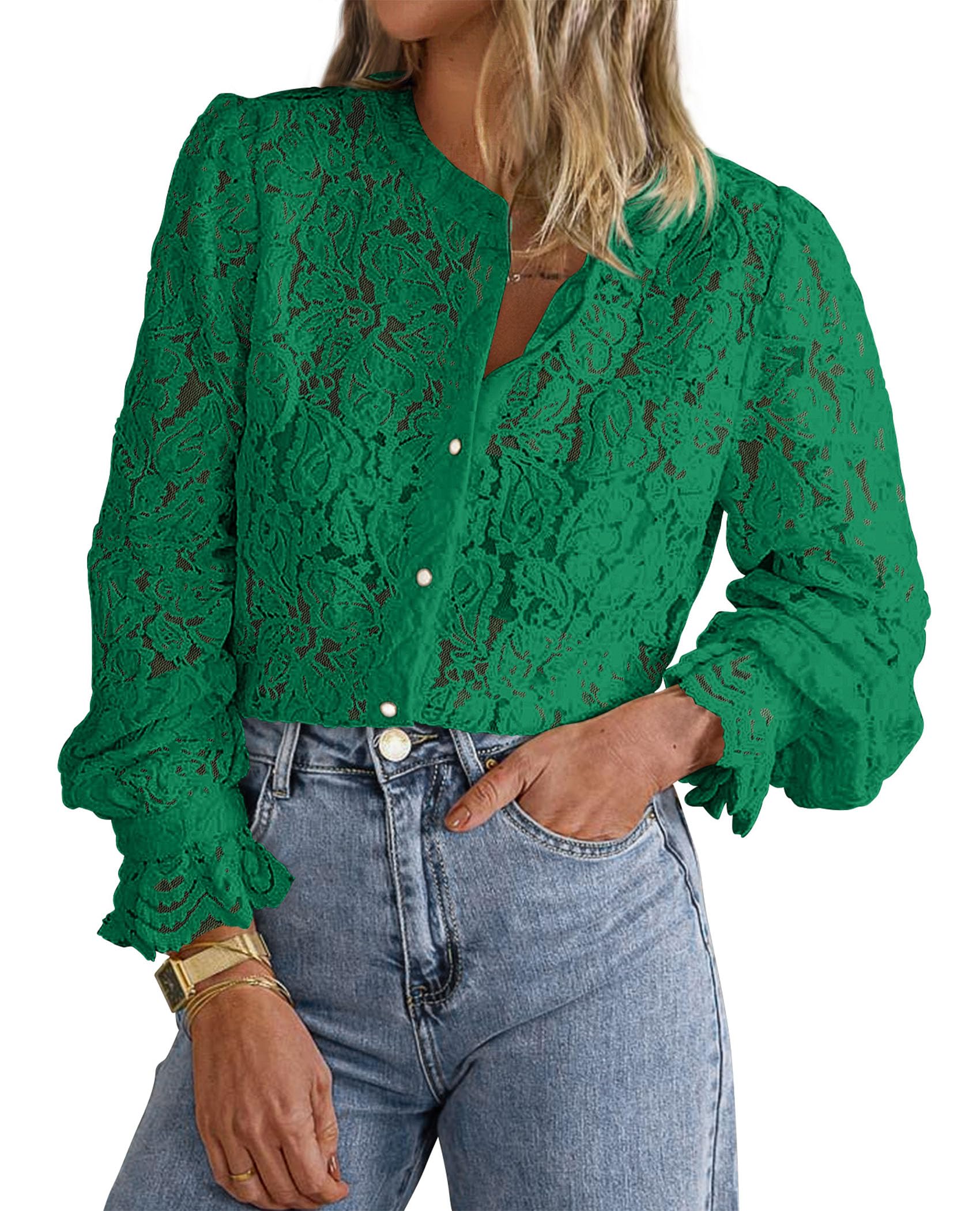 PRETTYGARDEN Women's Dressy Casual Lace Blouse Long Sleeve Button Up Shirts Tops Spring Fall Fashion Clothes - Image 87