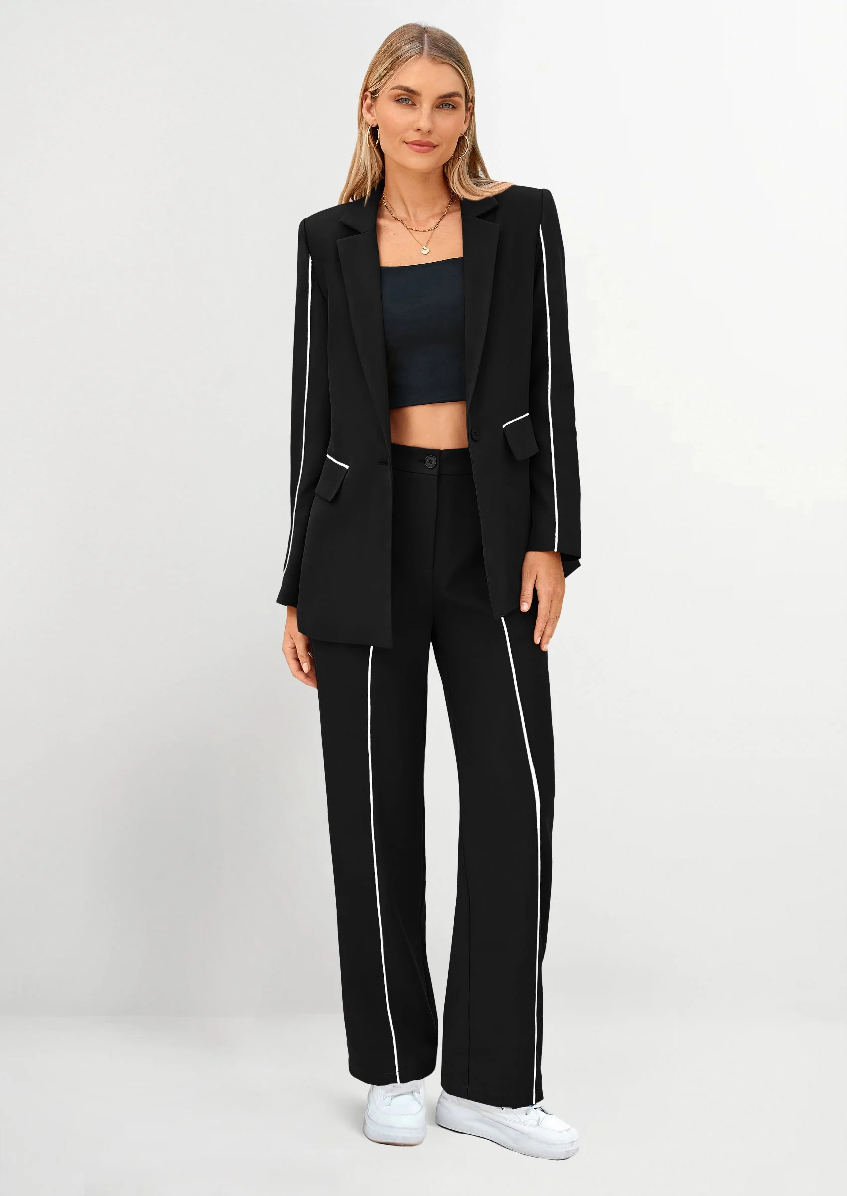 PRETTYGARDEN 2 Piece Blazer Outfits Business Casual Oversized Jacket Wide Leg Work Pants Dressy Suit Set - Image 14