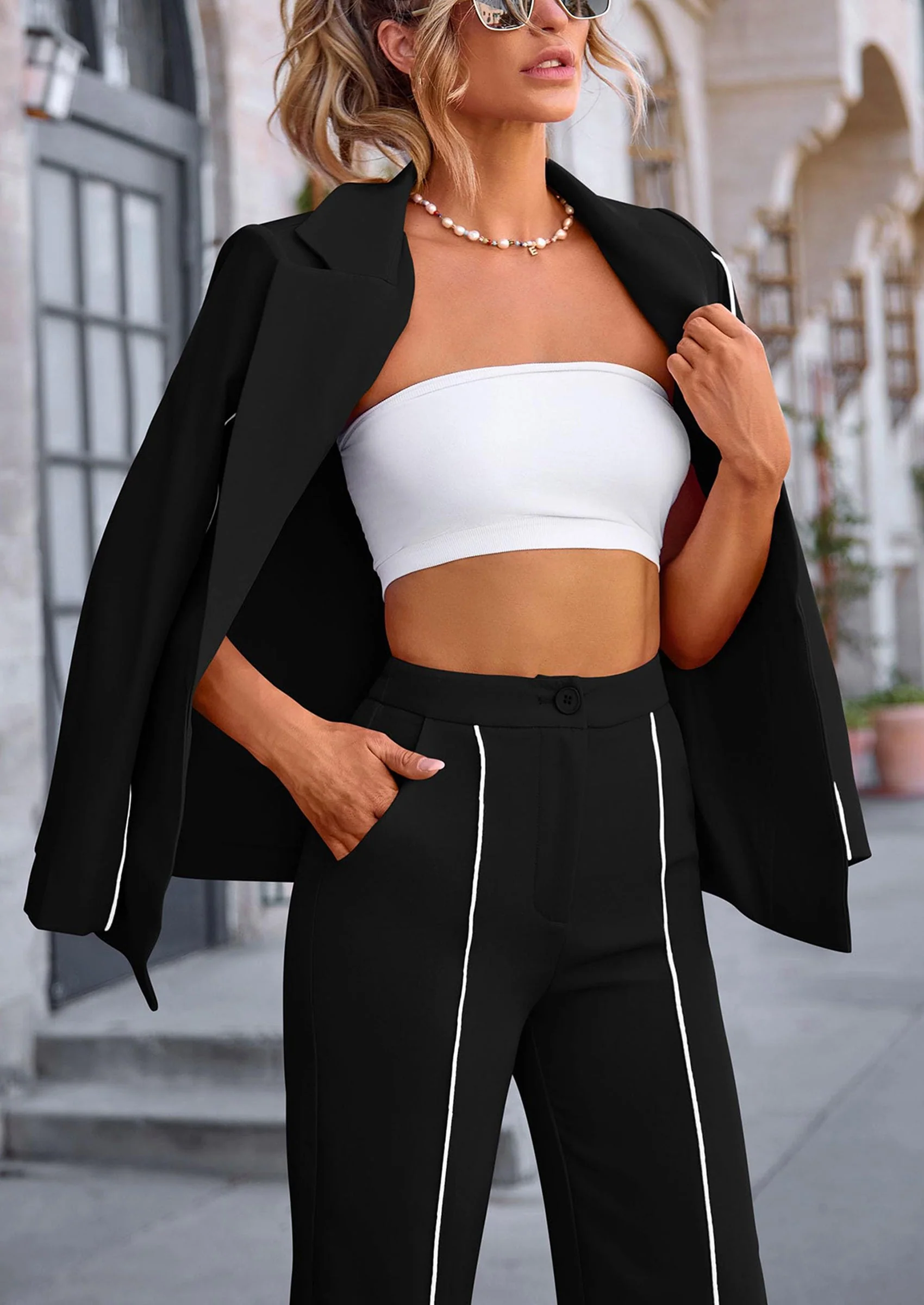 PRETTYGARDEN 2 Piece Blazer Outfits Business Casual Oversized Jacket Wide Leg Work Pants Dressy Suit Set - Image 19