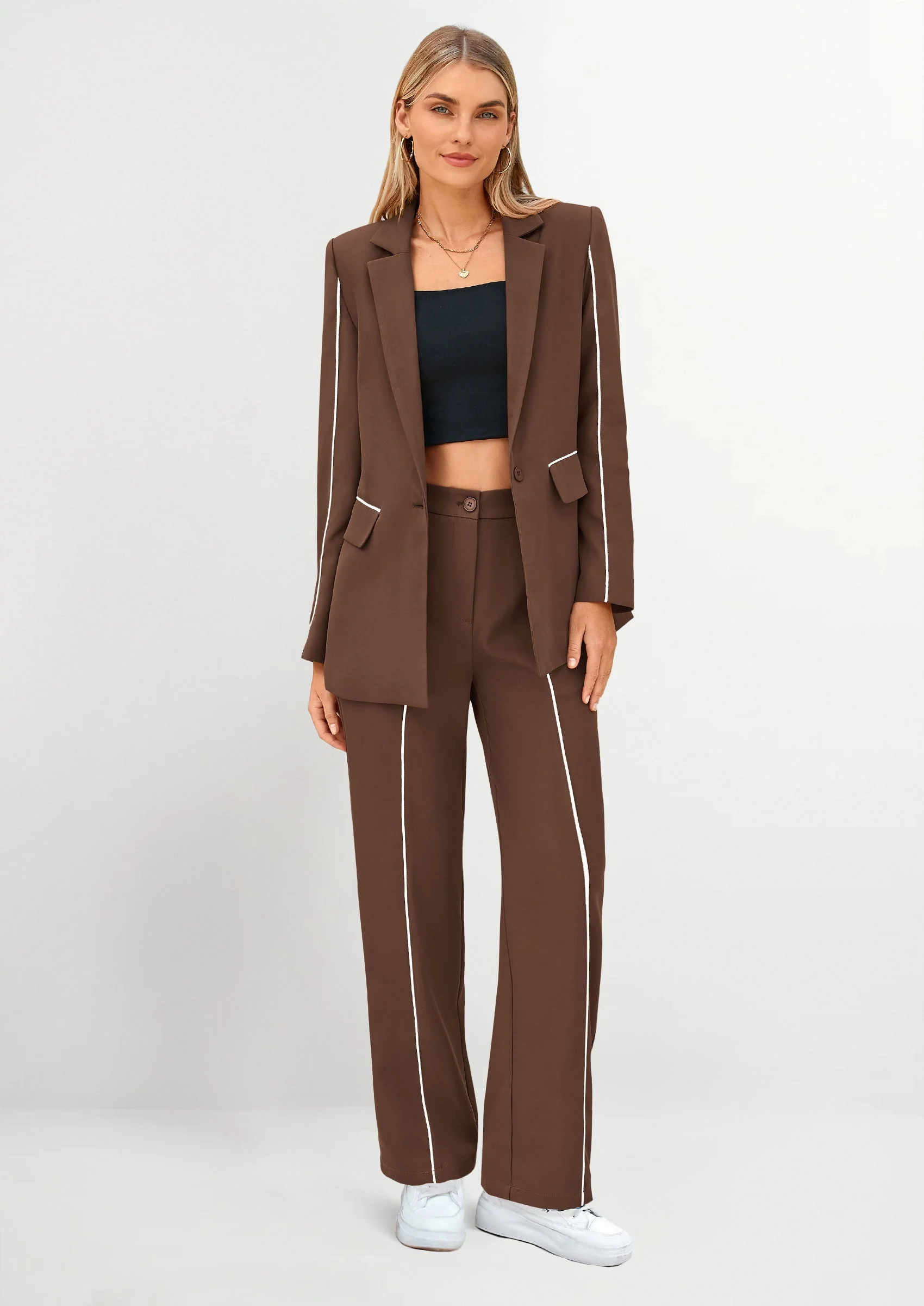 PRETTYGARDEN 2 Piece Blazer Outfits Business Casual Oversized Jacket Wide Leg Work Pants Dressy Suit Set - Image 20