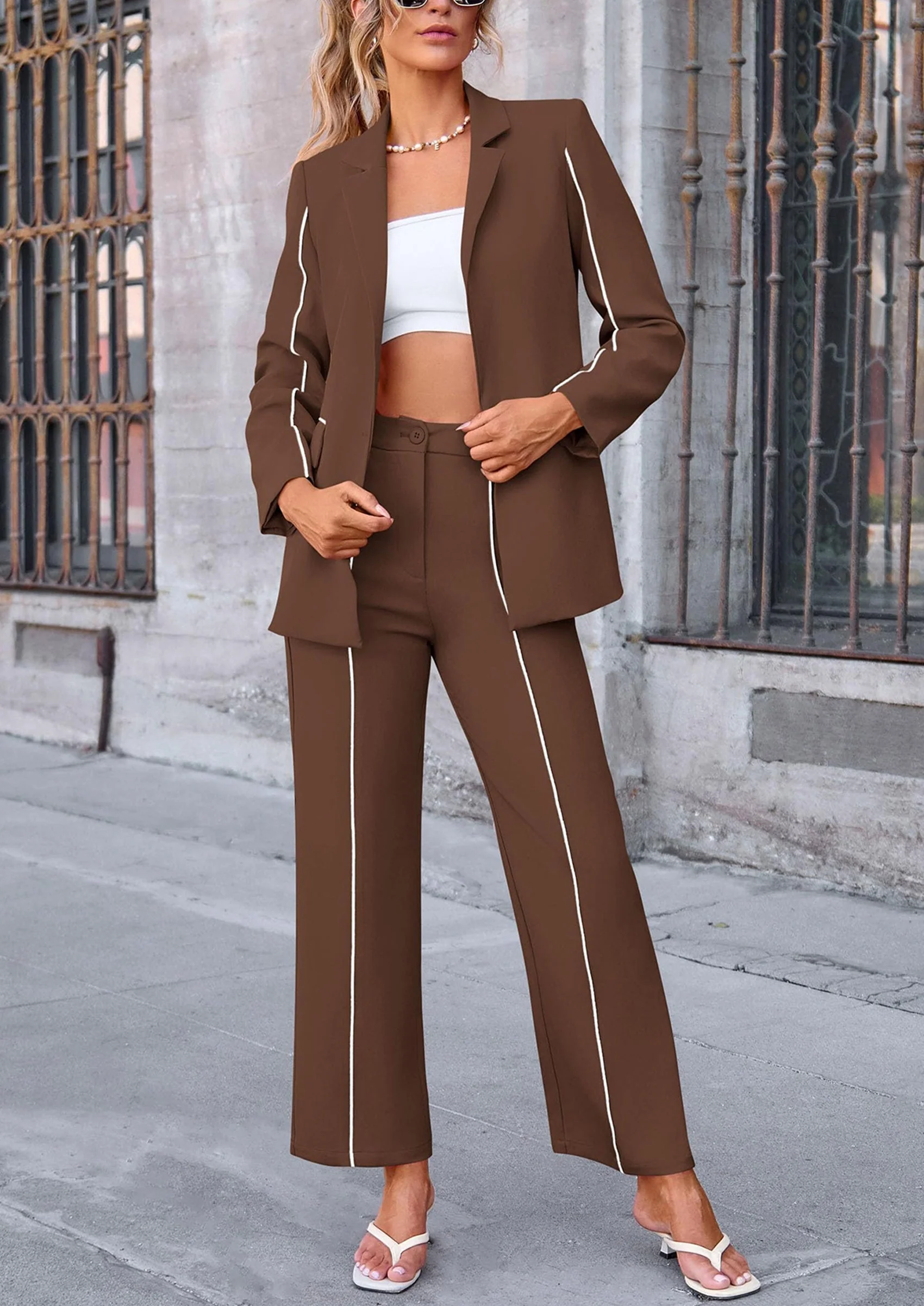 PRETTYGARDEN 2 Piece Blazer Outfits Business Casual Oversized Jacket Wide Leg Work Pants Dressy Suit Set - Image 22