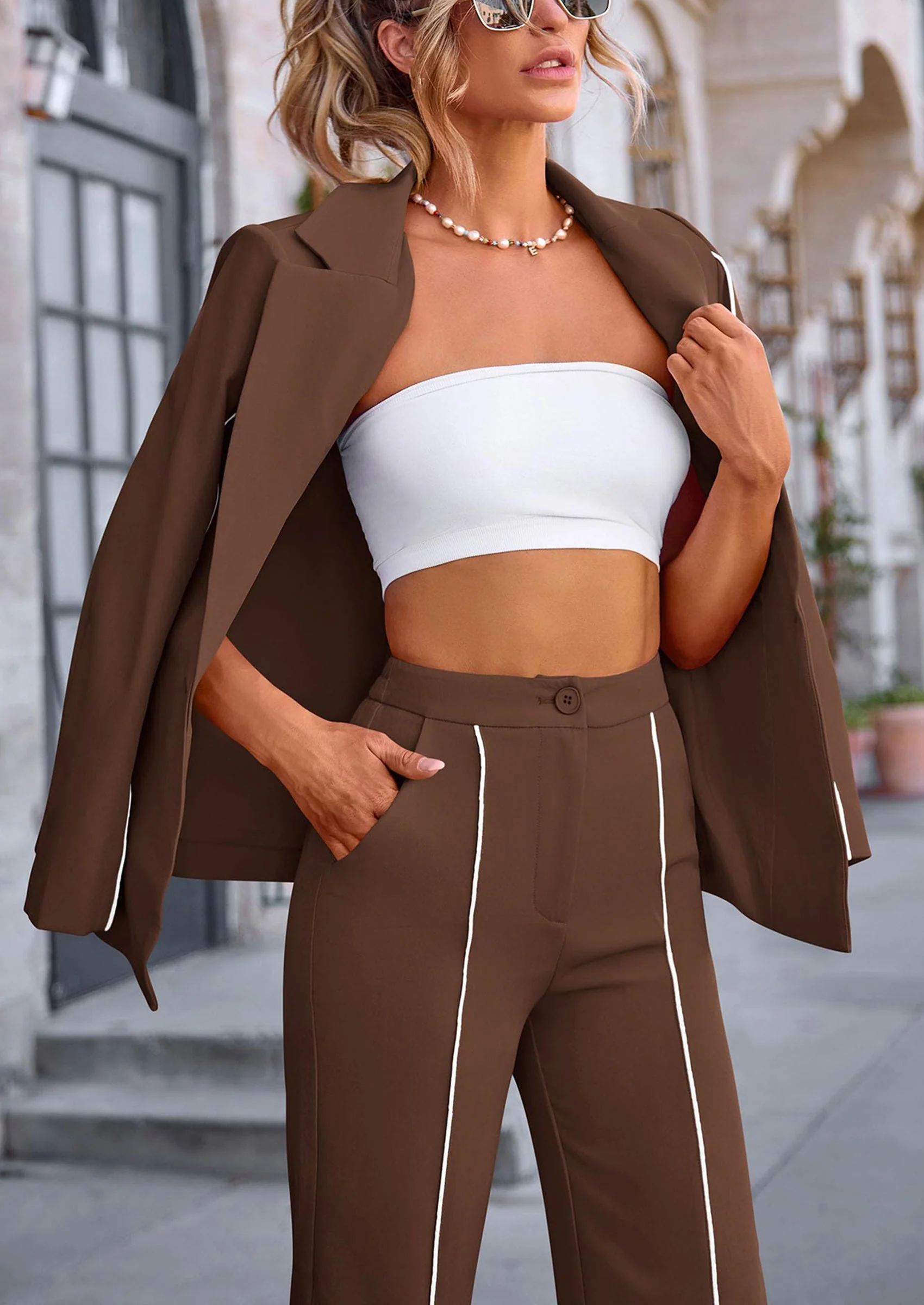 PRETTYGARDEN 2 Piece Blazer Outfits Business Casual Oversized Jacket Wide Leg Work Pants Dressy Suit Set - Image 25