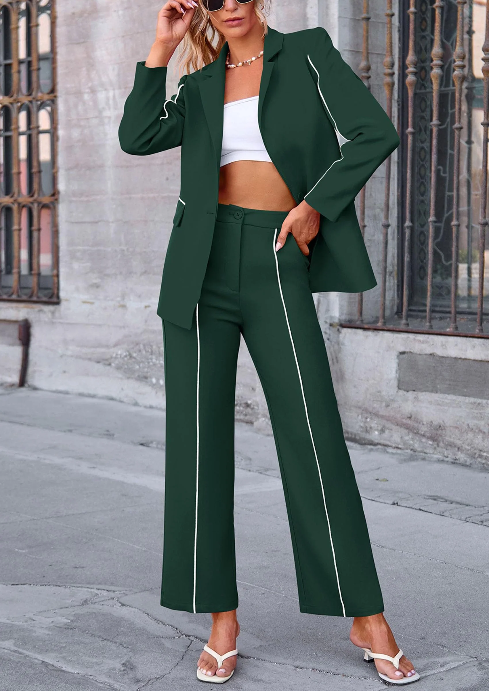 PRETTYGARDEN 2 Piece Blazer Outfits Business Casual Oversized Jacket Wide Leg Work Pants Dressy Suit Set - Image 30
