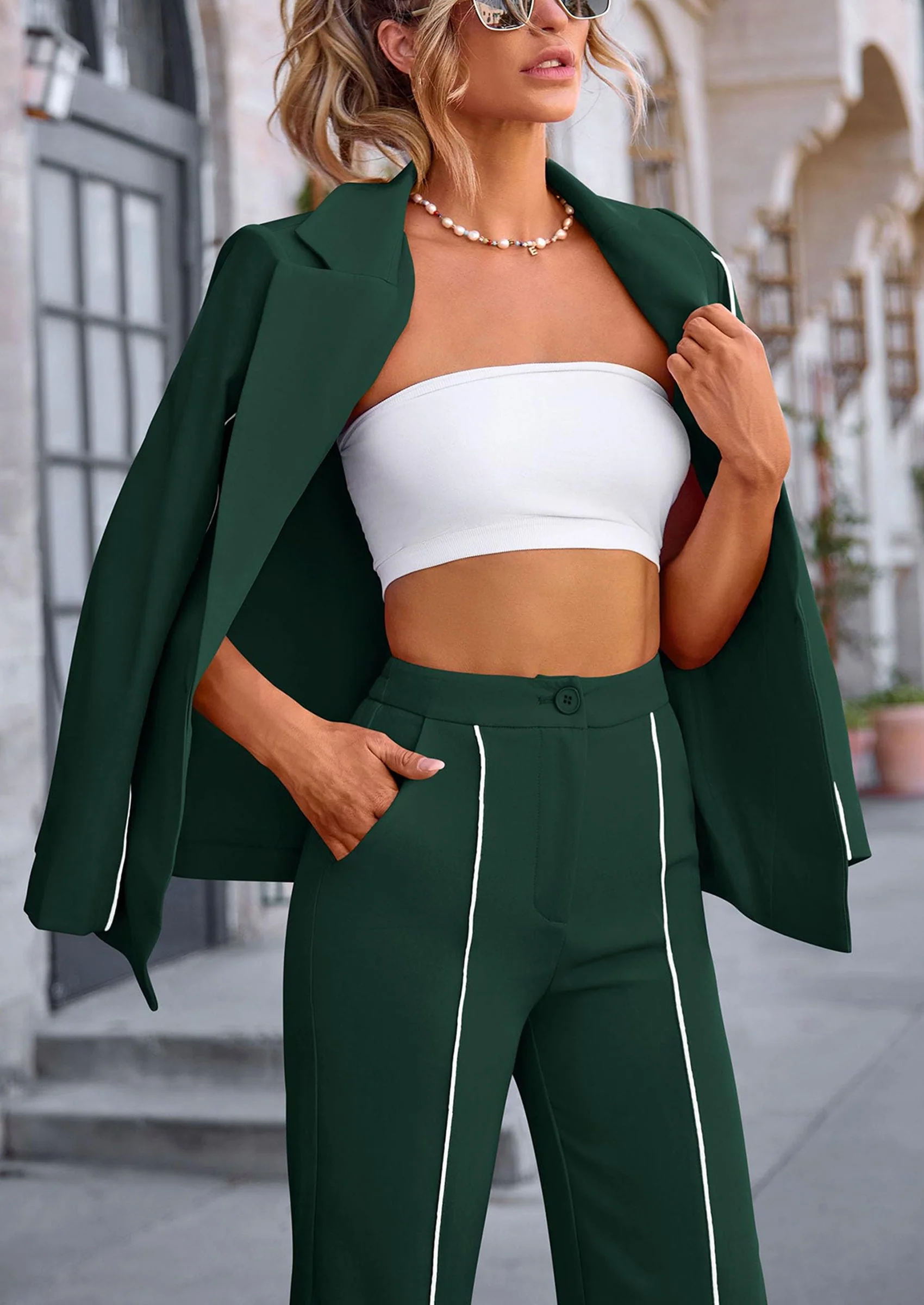PRETTYGARDEN 2 Piece Blazer Outfits Business Casual Oversized Jacket Wide Leg Work Pants Dressy Suit Set - Image 31