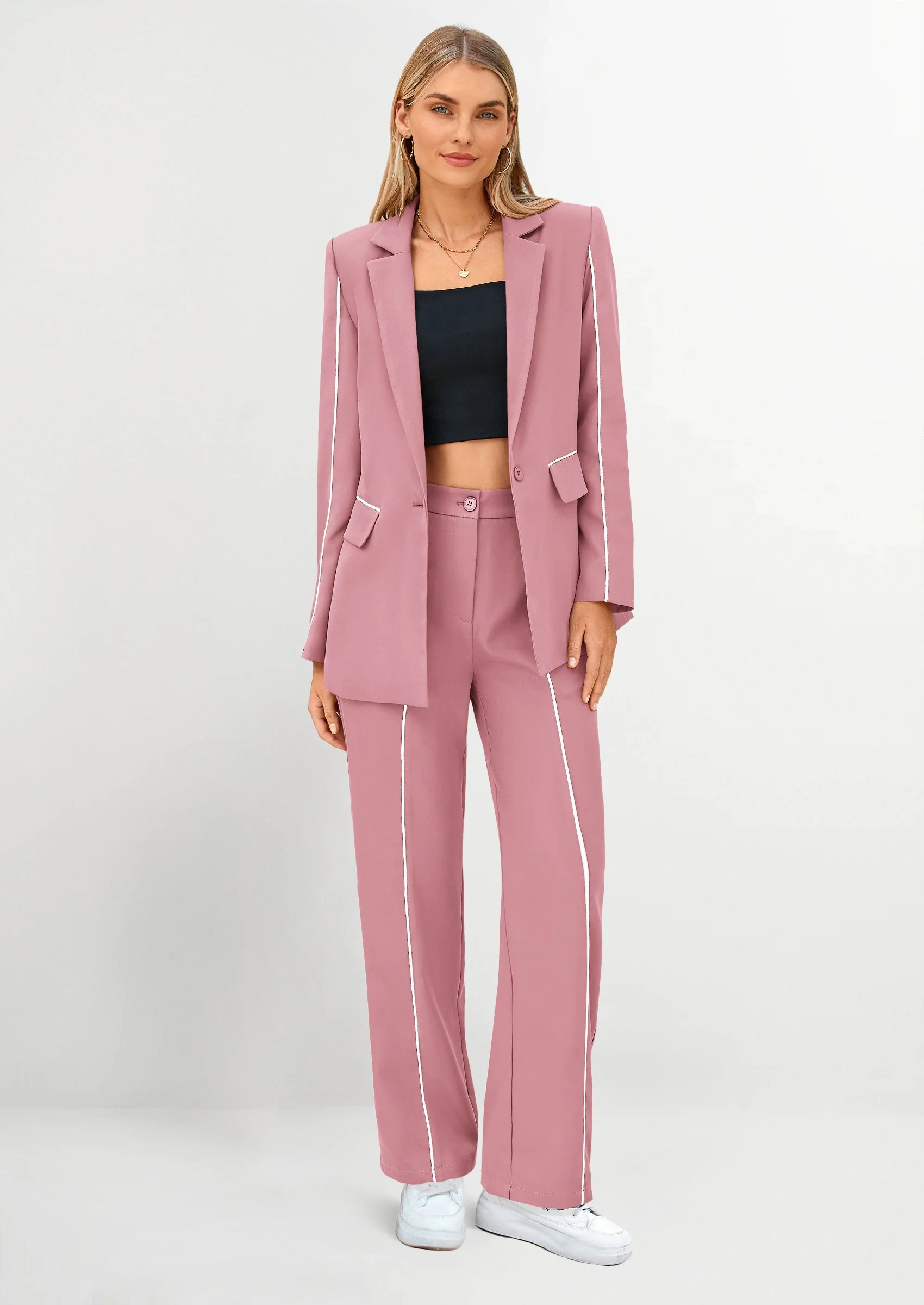 PRETTYGARDEN 2 Piece Blazer Outfits Business Casual Oversized Jacket Wide Leg Work Pants Dressy Suit Set - Image 32