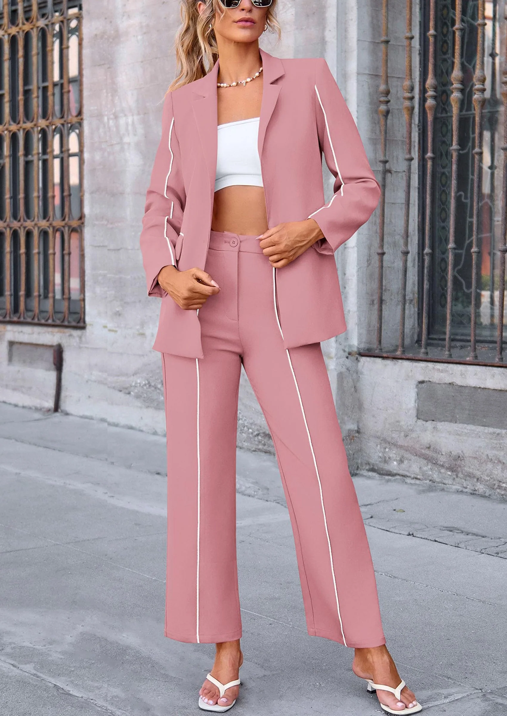 PRETTYGARDEN 2 Piece Blazer Outfits Business Casual Oversized Jacket Wide Leg Work Pants Dressy Suit Set - Image 34