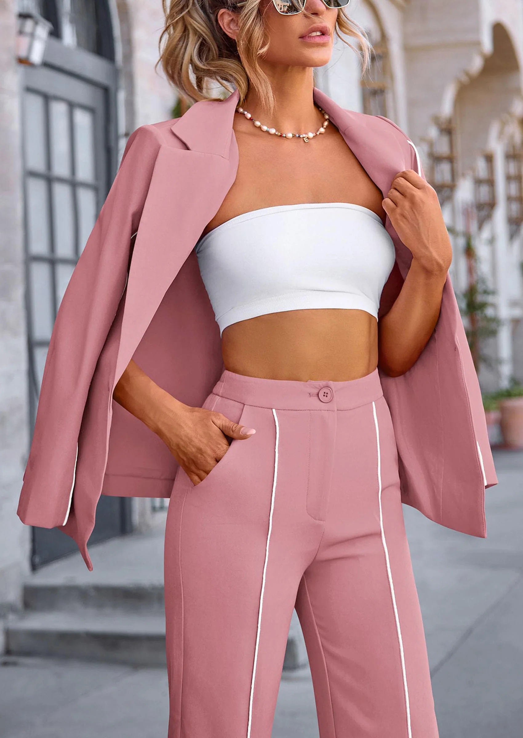PRETTYGARDEN 2 Piece Blazer Outfits Business Casual Oversized Jacket Wide Leg Work Pants Dressy Suit Set - Image 37