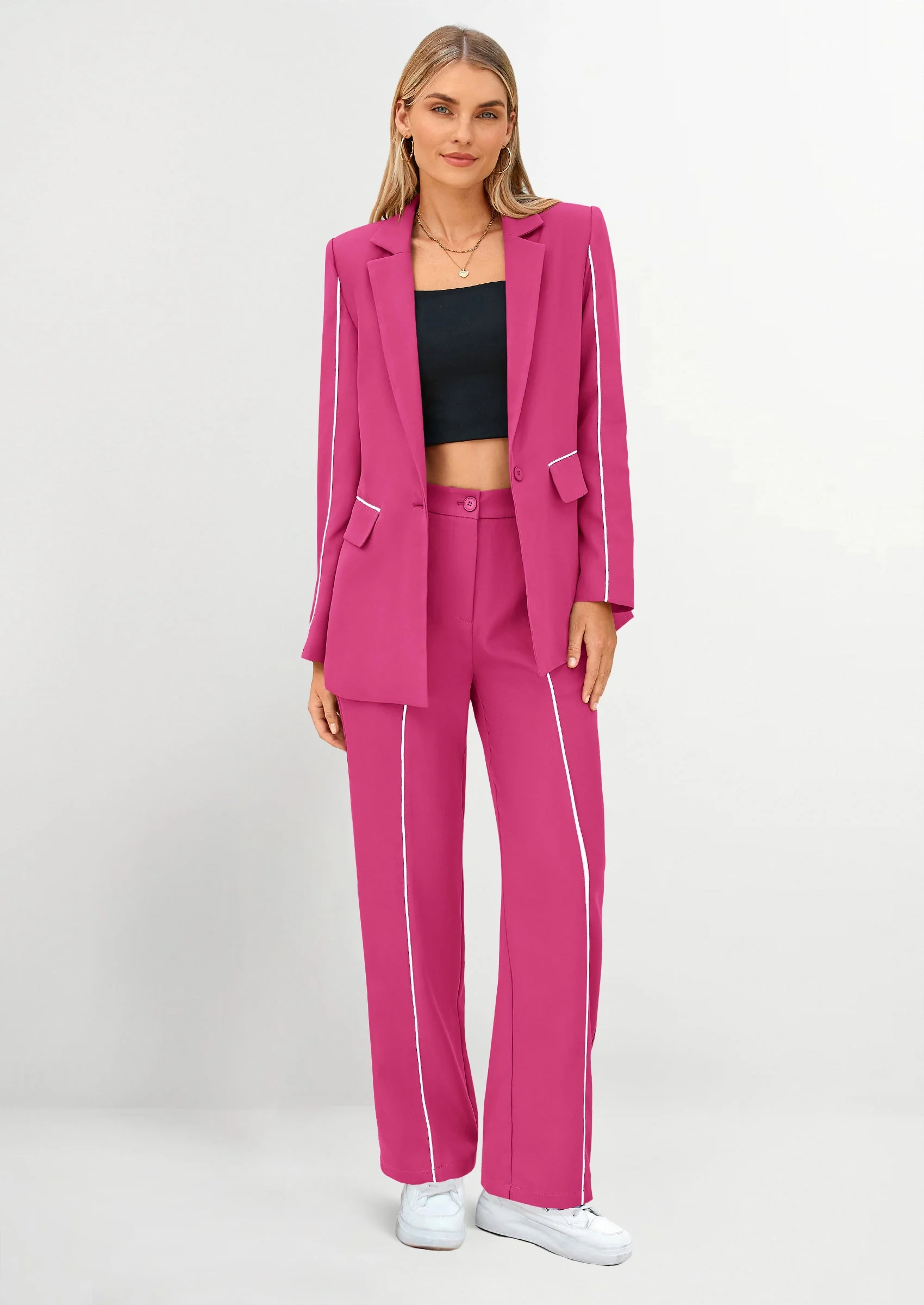 PRETTYGARDEN 2 Piece Blazer Outfits Business Casual Oversized Jacket Wide Leg Work Pants Dressy Suit Set - Image 38
