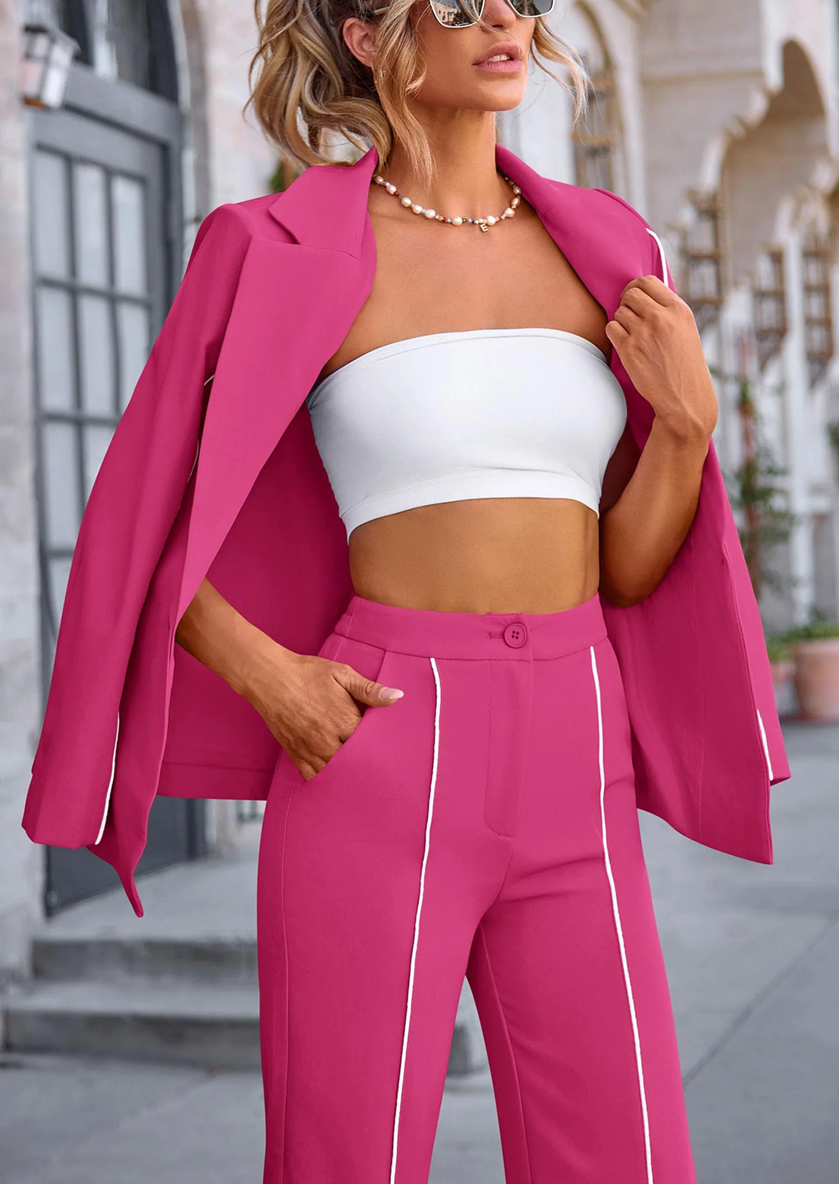 PRETTYGARDEN 2 Piece Blazer Outfits Business Casual Oversized Jacket Wide Leg Work Pants Dressy Suit Set - Image 43
