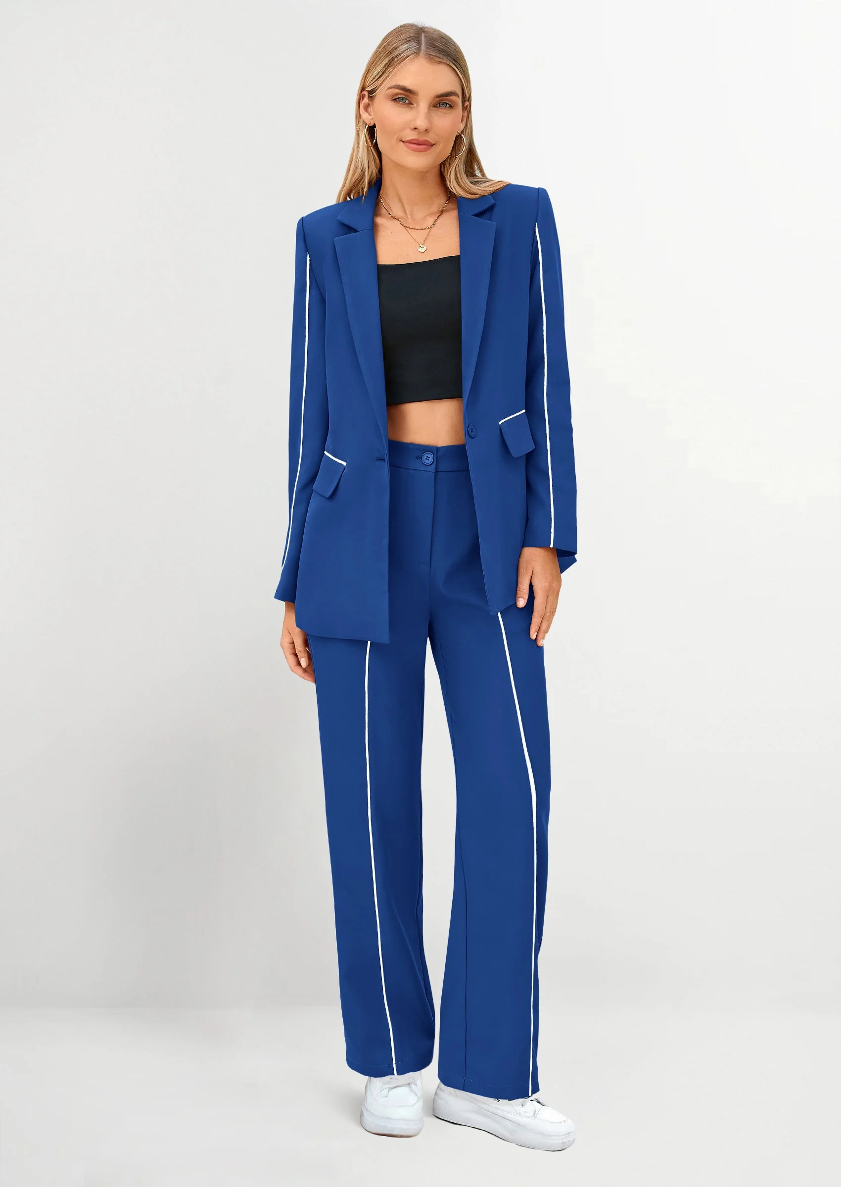 PRETTYGARDEN 2 Piece Blazer Outfits Business Casual Oversized Jacket Wide Leg Work Pants Dressy Suit Set - Image 44