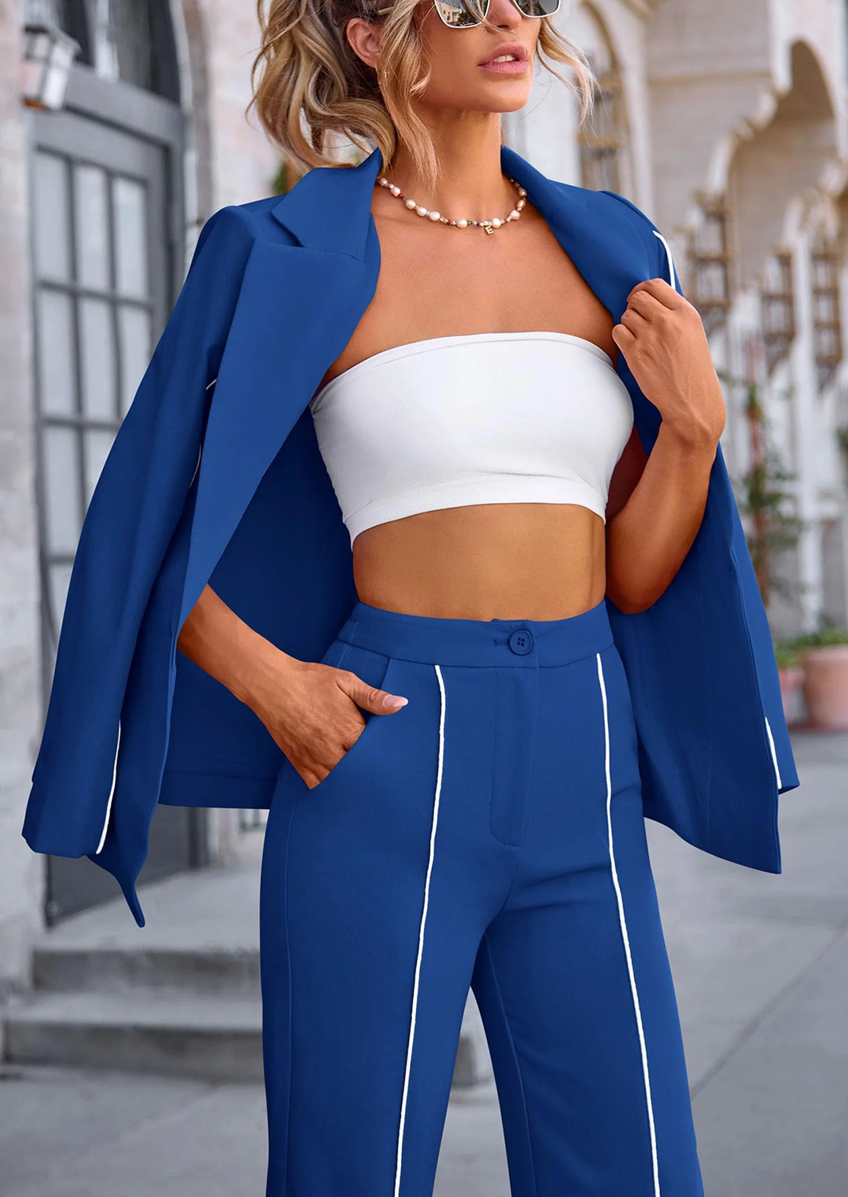 PRETTYGARDEN 2 Piece Blazer Outfits Business Casual Oversized Jacket Wide Leg Work Pants Dressy Suit Set - Image 49