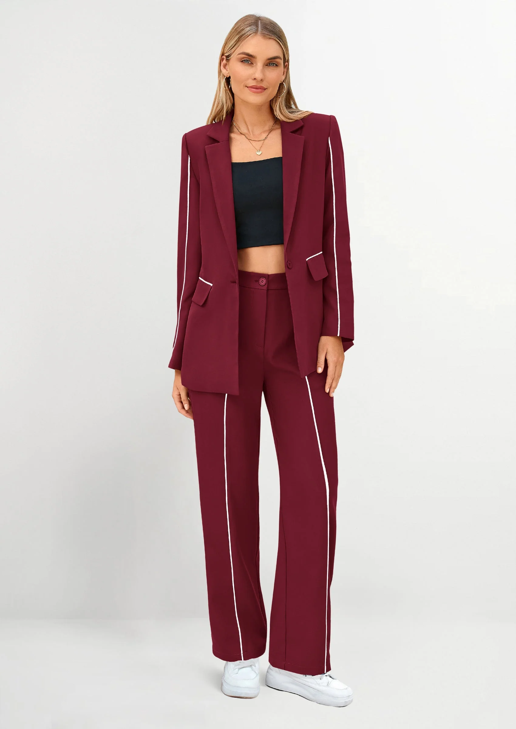 PRETTYGARDEN 2 Piece Blazer Outfits Business Casual Oversized Jacket Wide Leg Work Pants Dressy Suit Set - Image 55