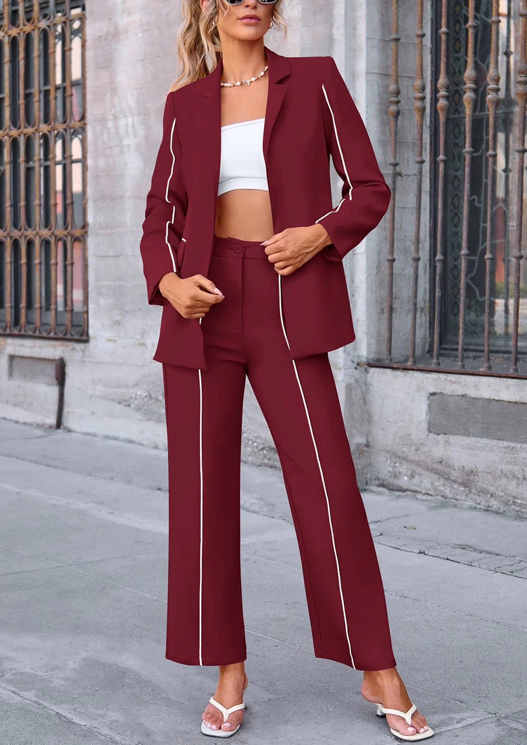 PRETTYGARDEN 2 Piece Blazer Outfits Business Casual Oversized Jacket Wide Leg Work Pants Dressy Suit Set - Image 57