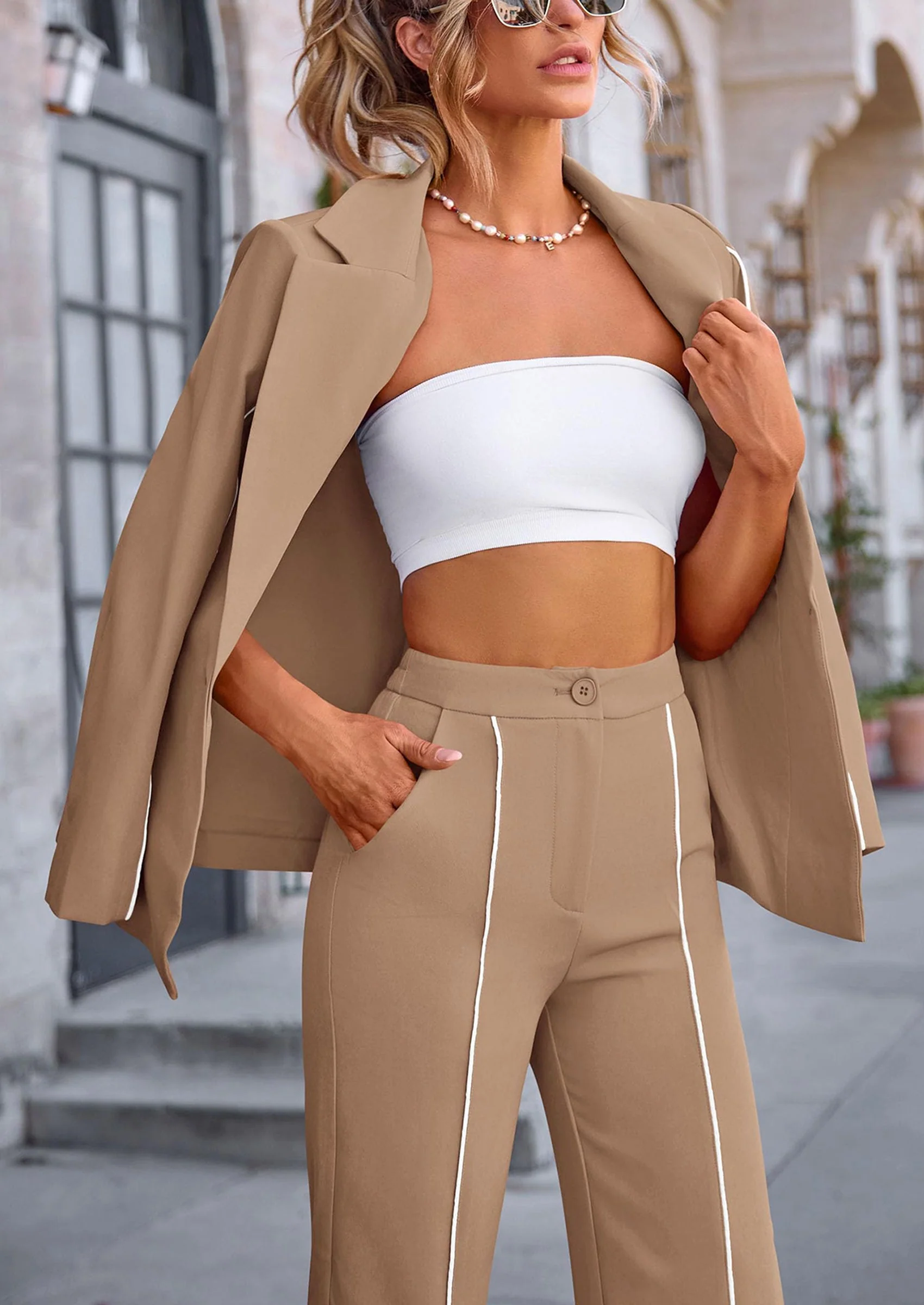 PRETTYGARDEN 2 Piece Blazer Outfits Business Casual Oversized Jacket Wide Leg Work Pants Dressy Suit Set - Image 6