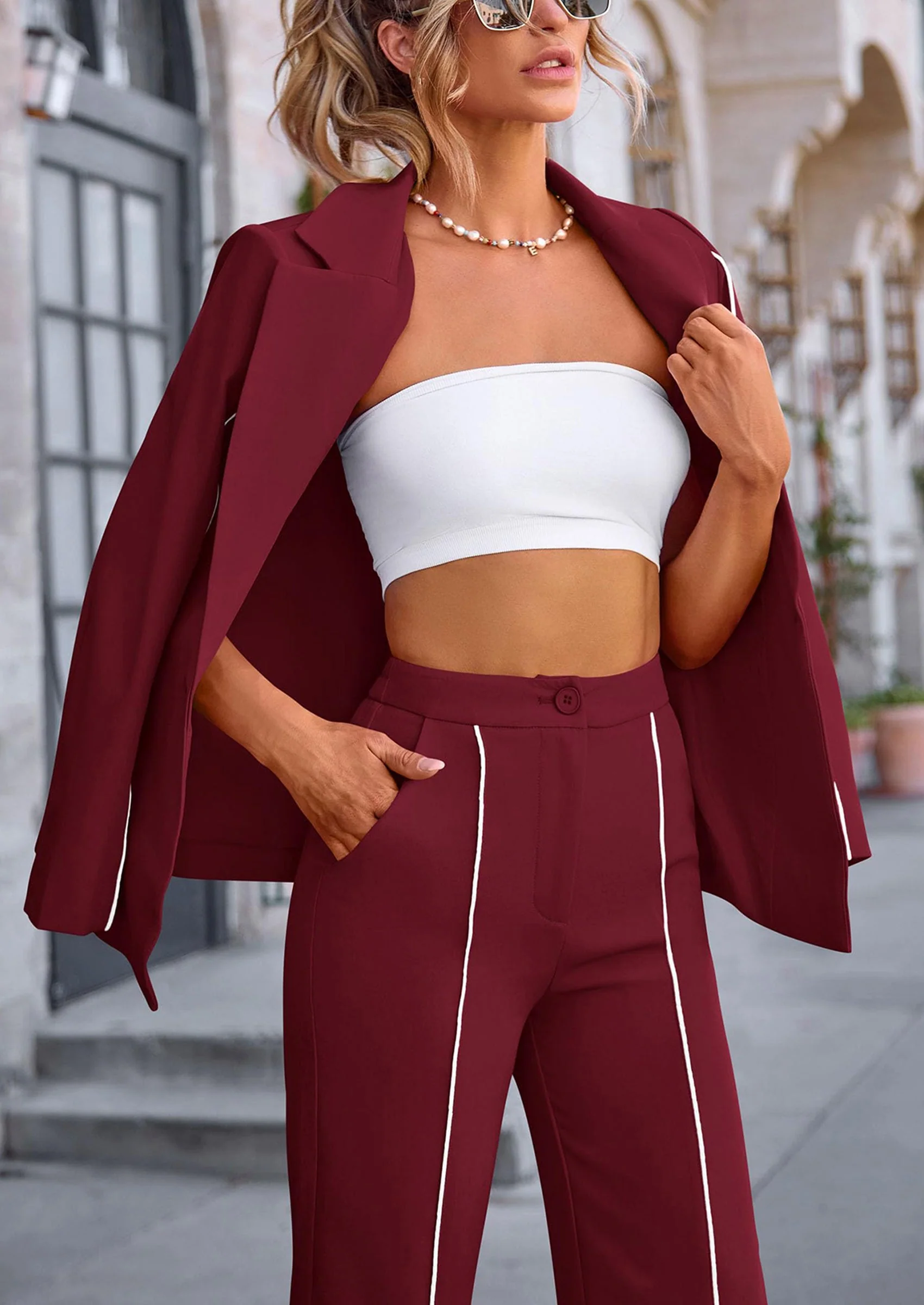 PRETTYGARDEN 2 Piece Blazer Outfits Business Casual Oversized Jacket Wide Leg Work Pants Dressy Suit Set - Image 60