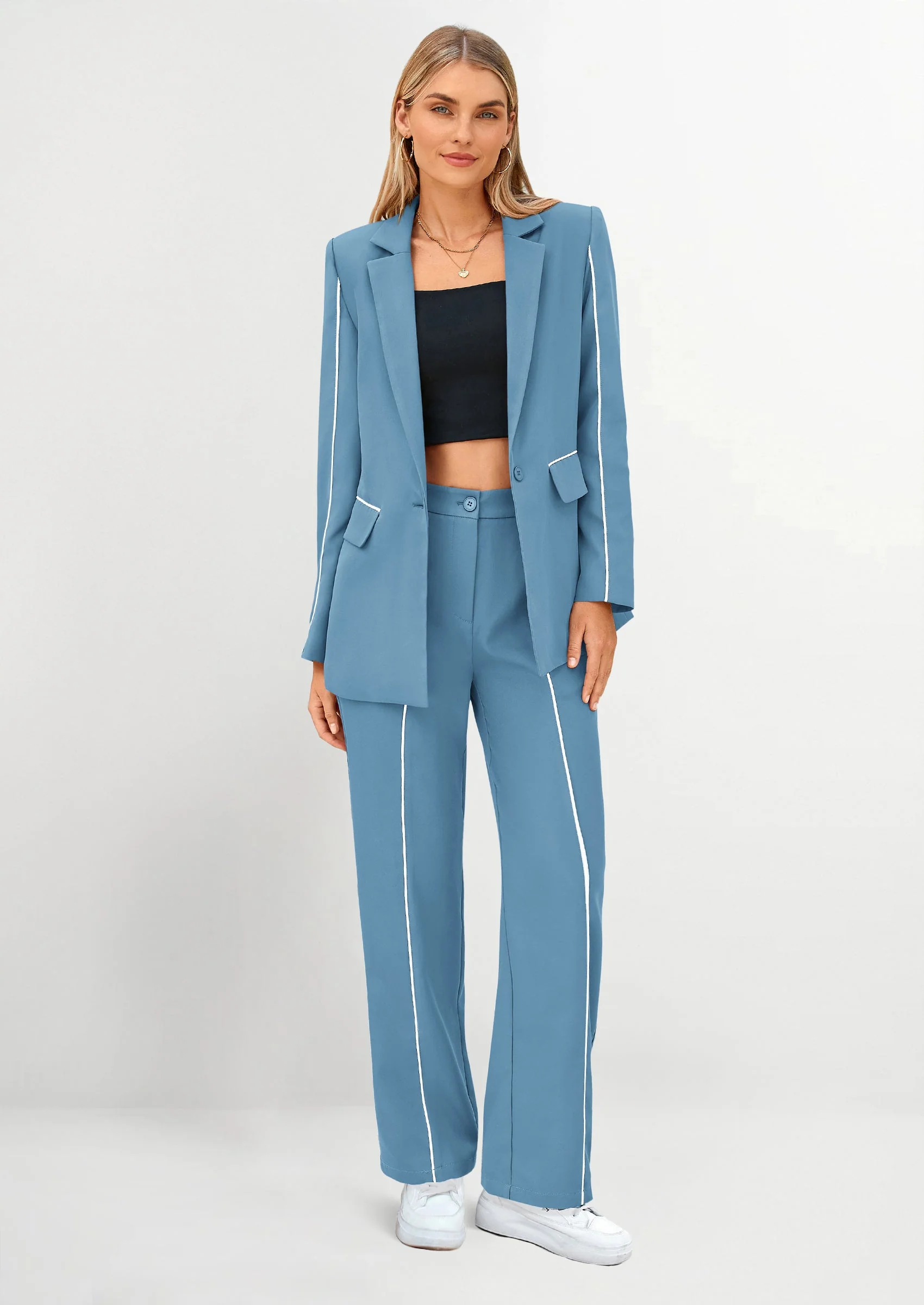 PRETTYGARDEN 2 Piece Blazer Outfits Business Casual Oversized Jacket Wide Leg Work Pants Dressy Suit Set - Image 61