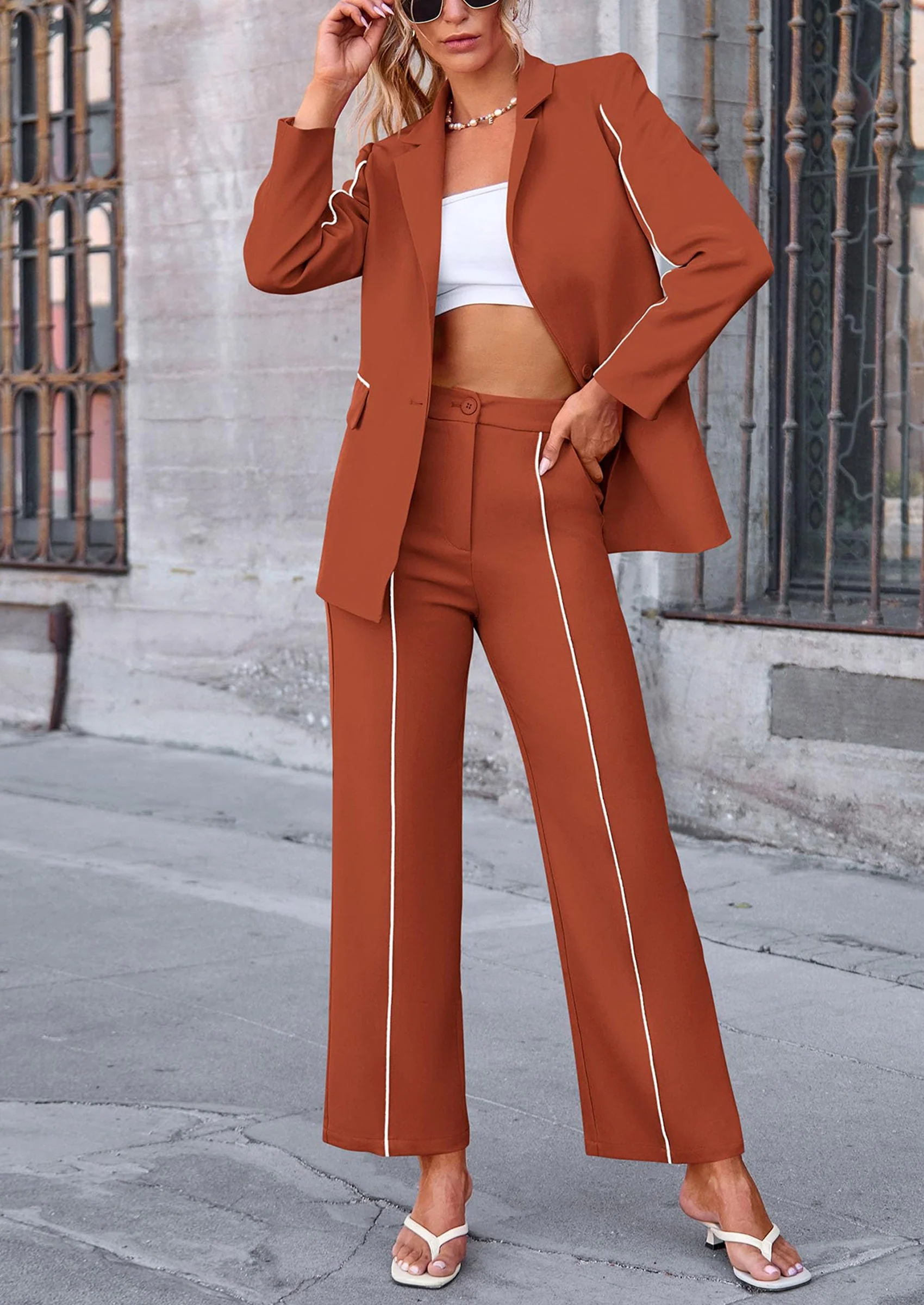 PRETTYGARDEN 2 Piece Blazer Outfits Business Casual Oversized Jacket Wide Leg Work Pants Dressy Suit Set - Image 70