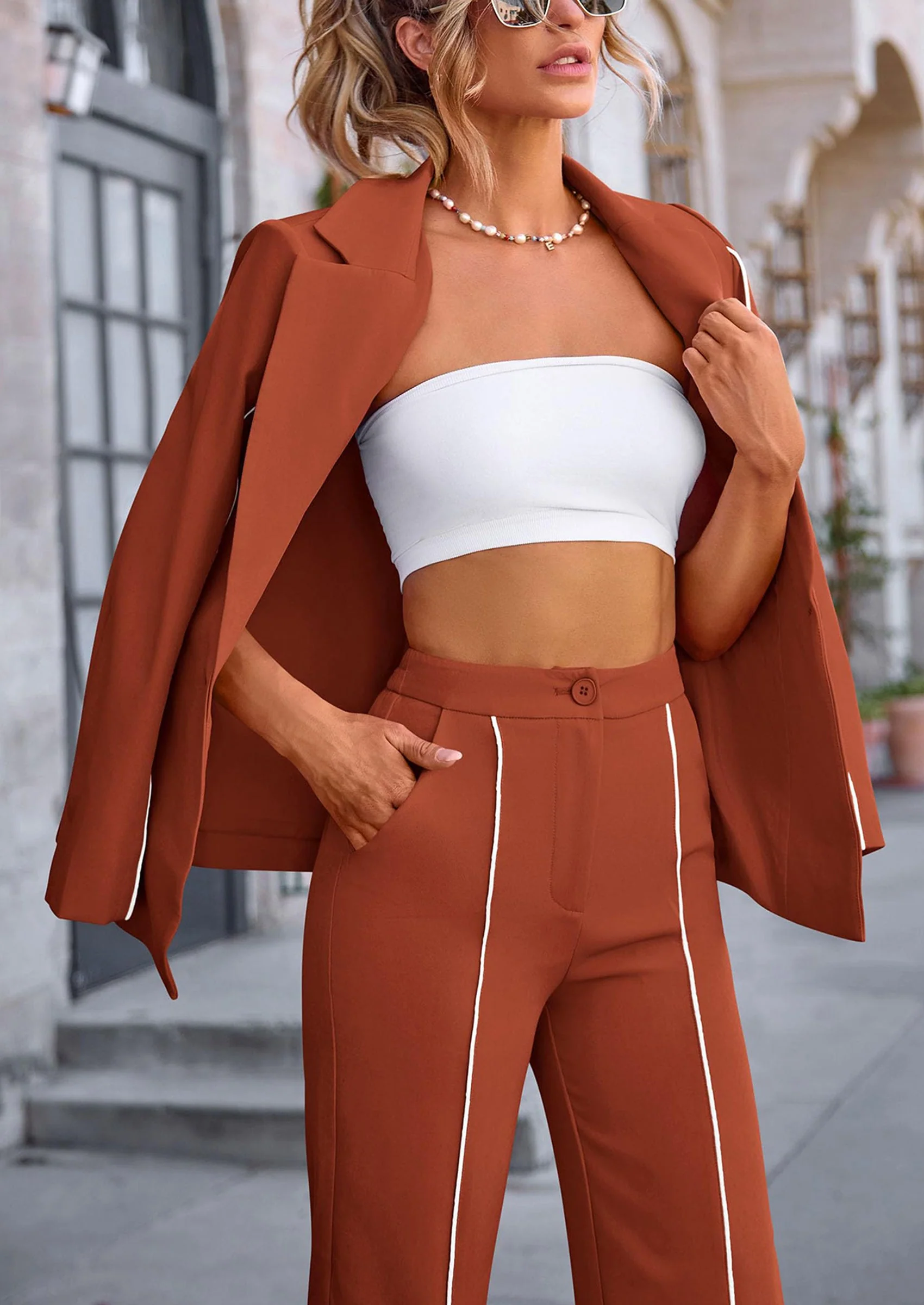 PRETTYGARDEN 2 Piece Blazer Outfits Business Casual Oversized Jacket Wide Leg Work Pants Dressy Suit Set - Image 72