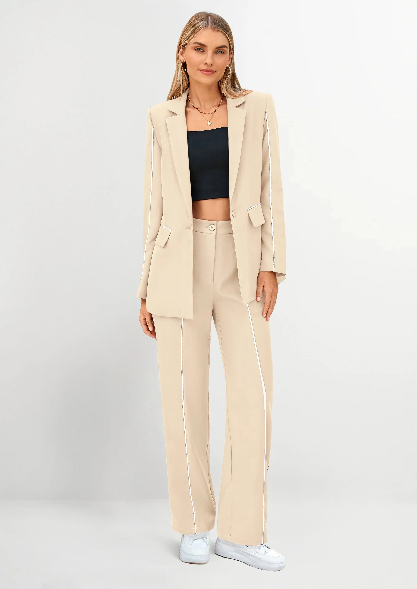 PRETTYGARDEN 2 Piece Blazer Outfits Business Casual Oversized Jacket Wide Leg Work Pants Dressy Suit Set - Image 8