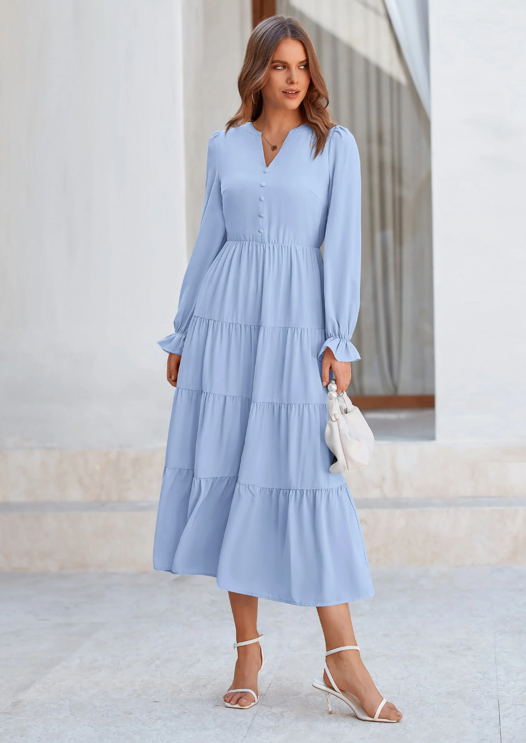 PRETTYGARDEN Women Fall Long Sleeve Smocked Maxi Dress Casual Square Neck Swiss Dot Tiered Ruffle Flowy Spring Pocket Dresses - Image 10