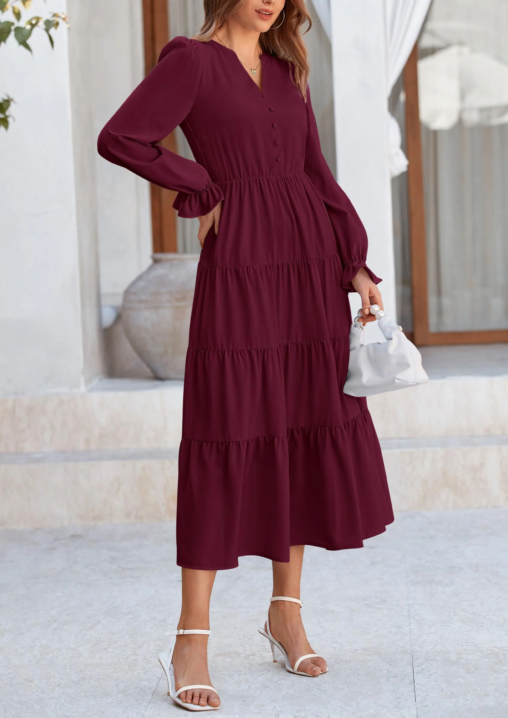 PRETTYGARDEN Women Fall Long Sleeve Smocked Maxi Dress Casual Square Neck Swiss Dot Tiered Ruffle Flowy Spring Pocket Dresses - Image 101
