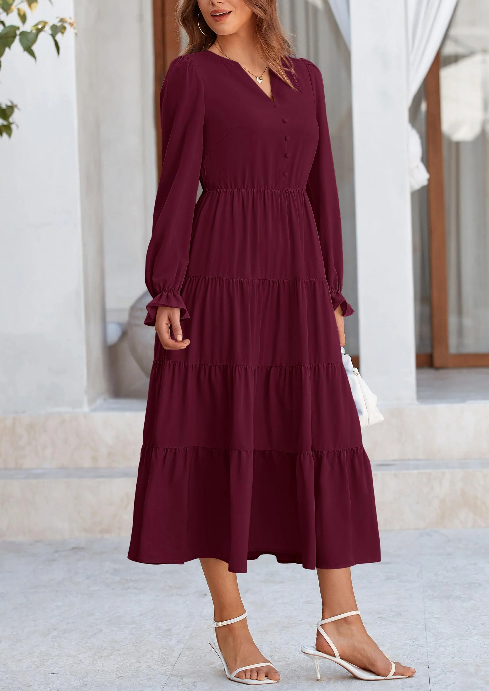 PRETTYGARDEN Women Fall Long Sleeve Smocked Maxi Dress Casual Square Neck Swiss Dot Tiered Ruffle Flowy Spring Pocket Dresses - Image 102