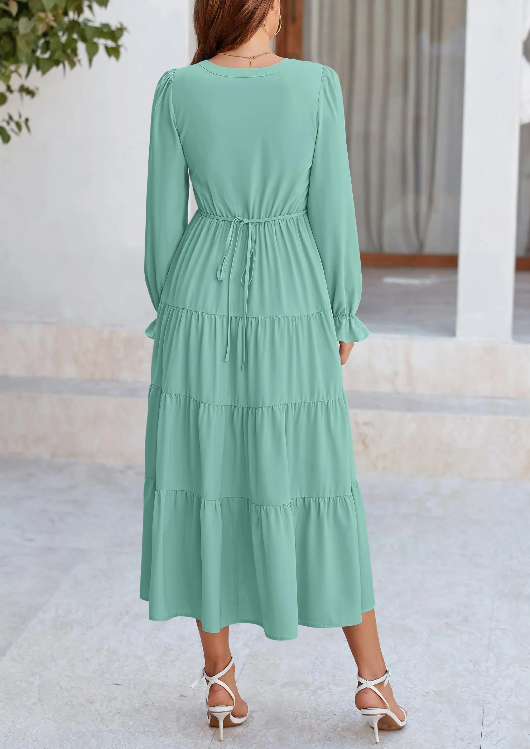 PRETTYGARDEN Women Fall Long Sleeve Smocked Maxi Dress Casual Square Neck Swiss Dot Tiered Ruffle Flowy Spring Pocket Dresses - Image 105