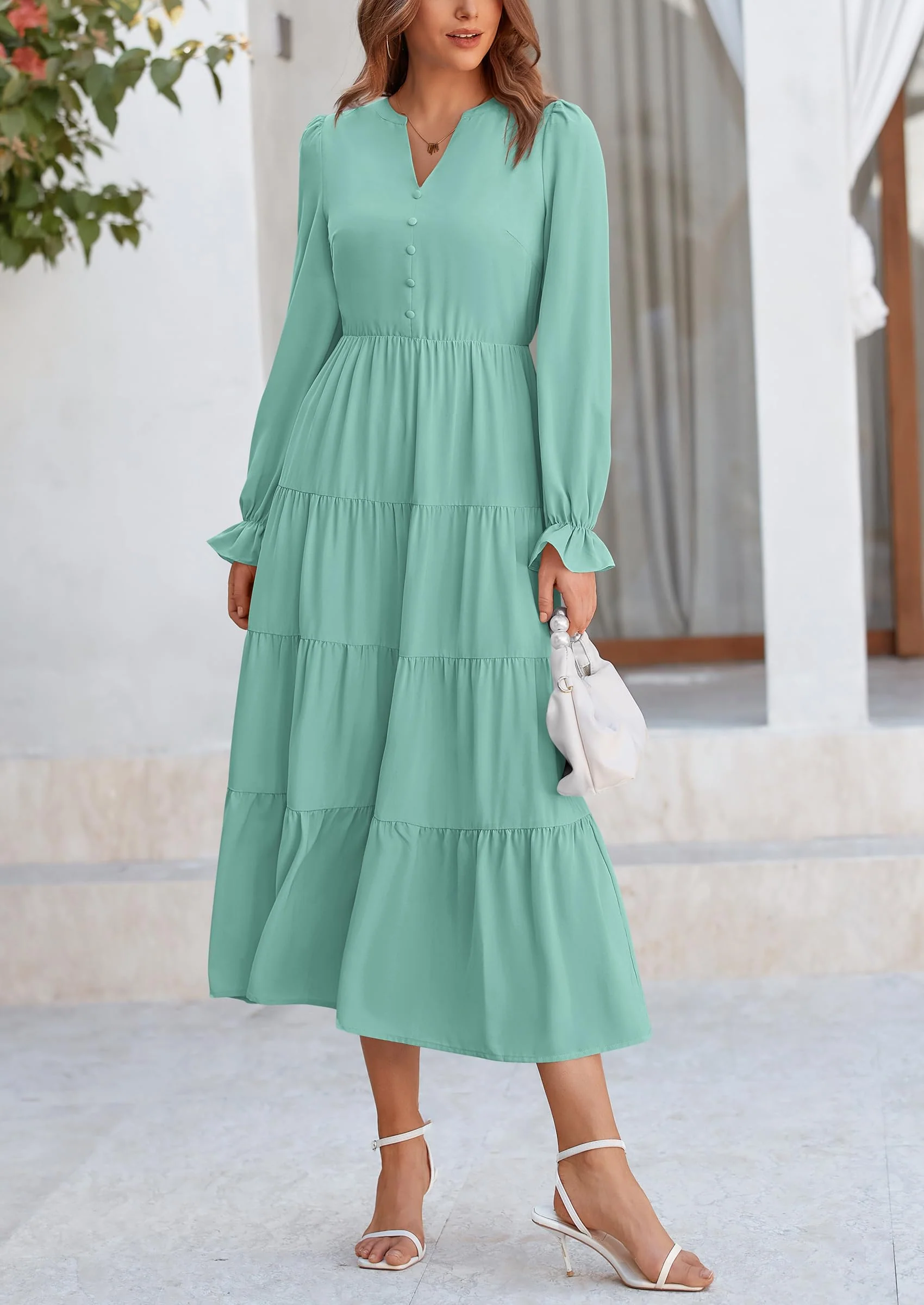PRETTYGARDEN Women Fall Long Sleeve Smocked Maxi Dress Casual Square Neck Swiss Dot Tiered Ruffle Flowy Spring Pocket Dresses - Image 106