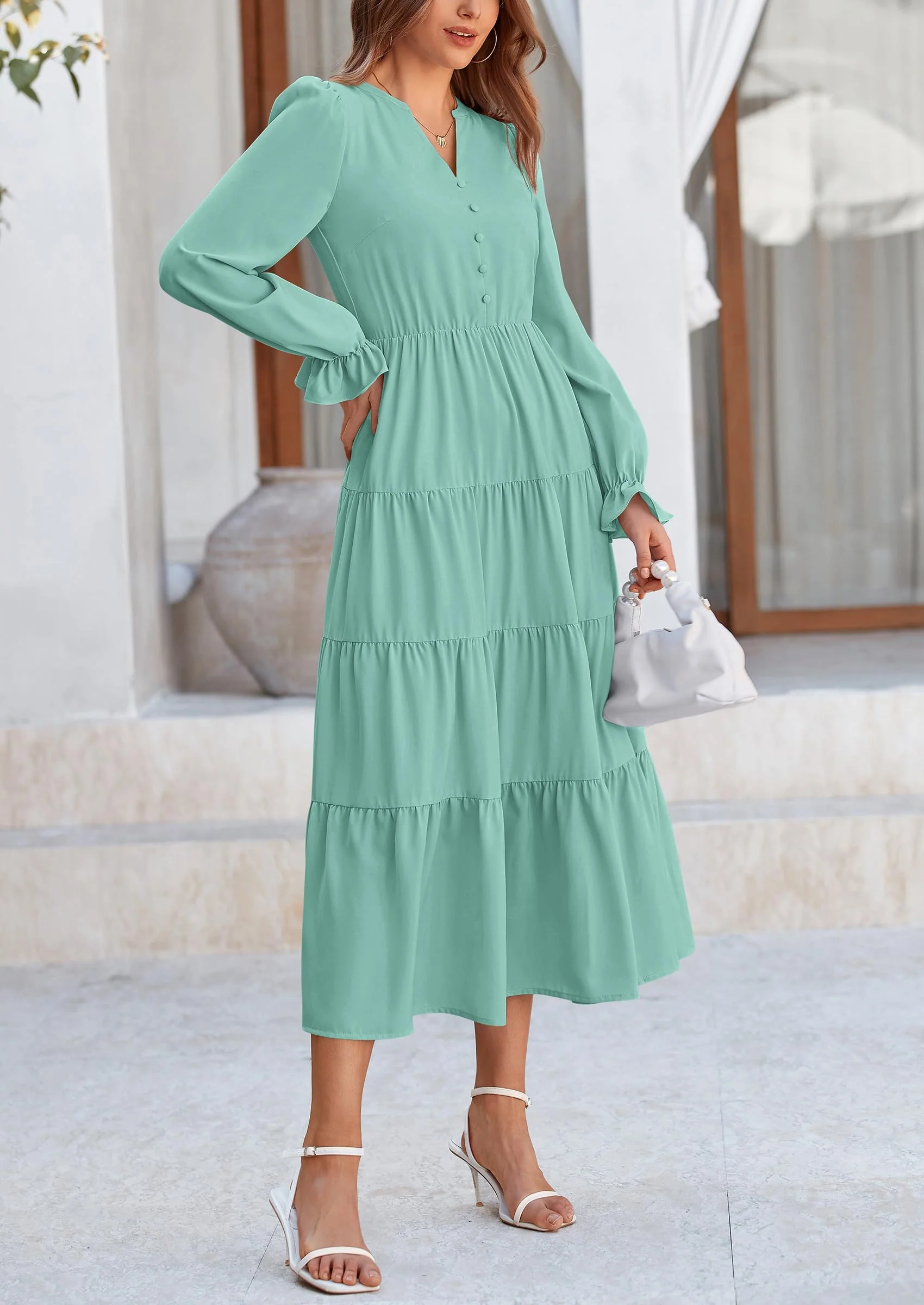 PRETTYGARDEN Women Fall Long Sleeve Smocked Maxi Dress Casual Square Neck Swiss Dot Tiered Ruffle Flowy Spring Pocket Dresses - Image 108