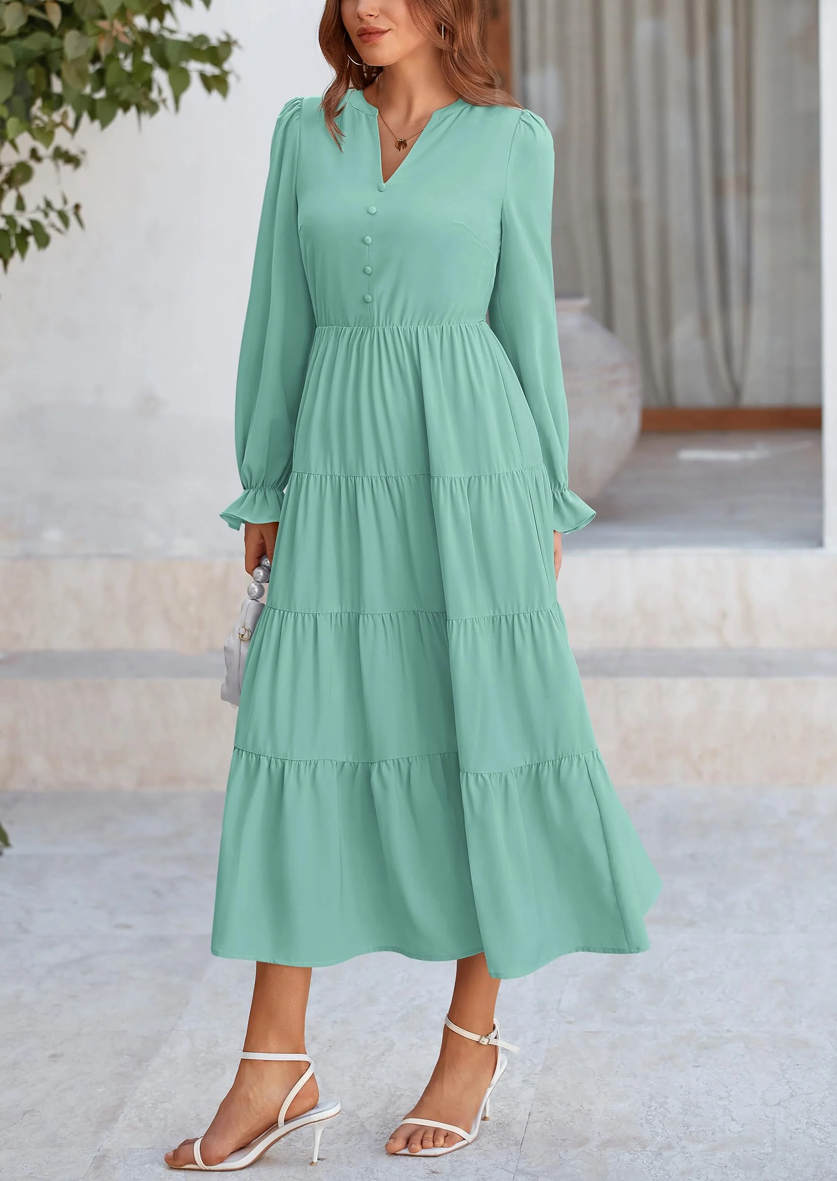 PRETTYGARDEN Women Fall Long Sleeve Smocked Maxi Dress Casual Square Neck Swiss Dot Tiered Ruffle Flowy Spring Pocket Dresses - Image 109