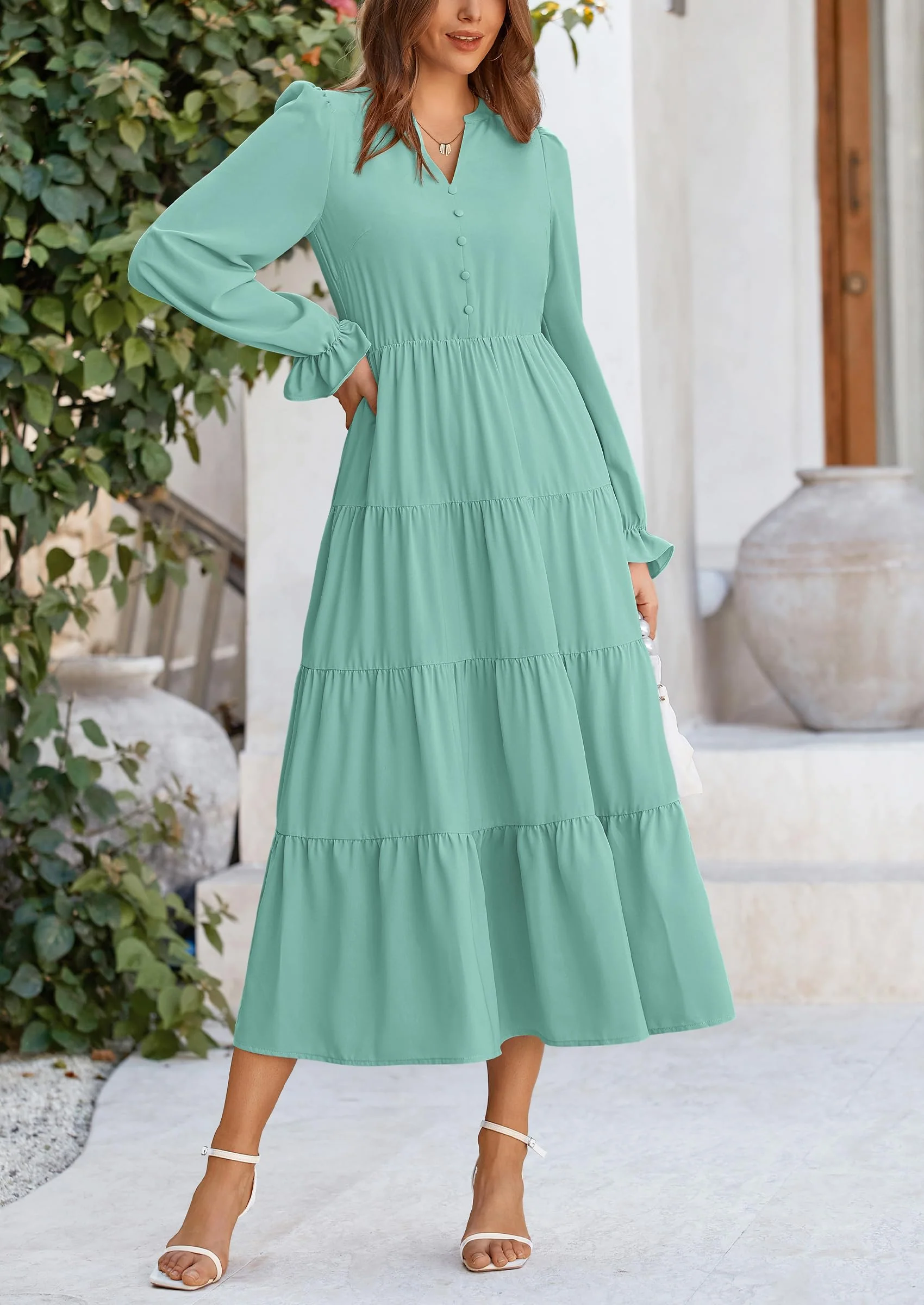 PRETTYGARDEN Women Fall Long Sleeve Smocked Maxi Dress Casual Square Neck Swiss Dot Tiered Ruffle Flowy Spring Pocket Dresses - Image 110