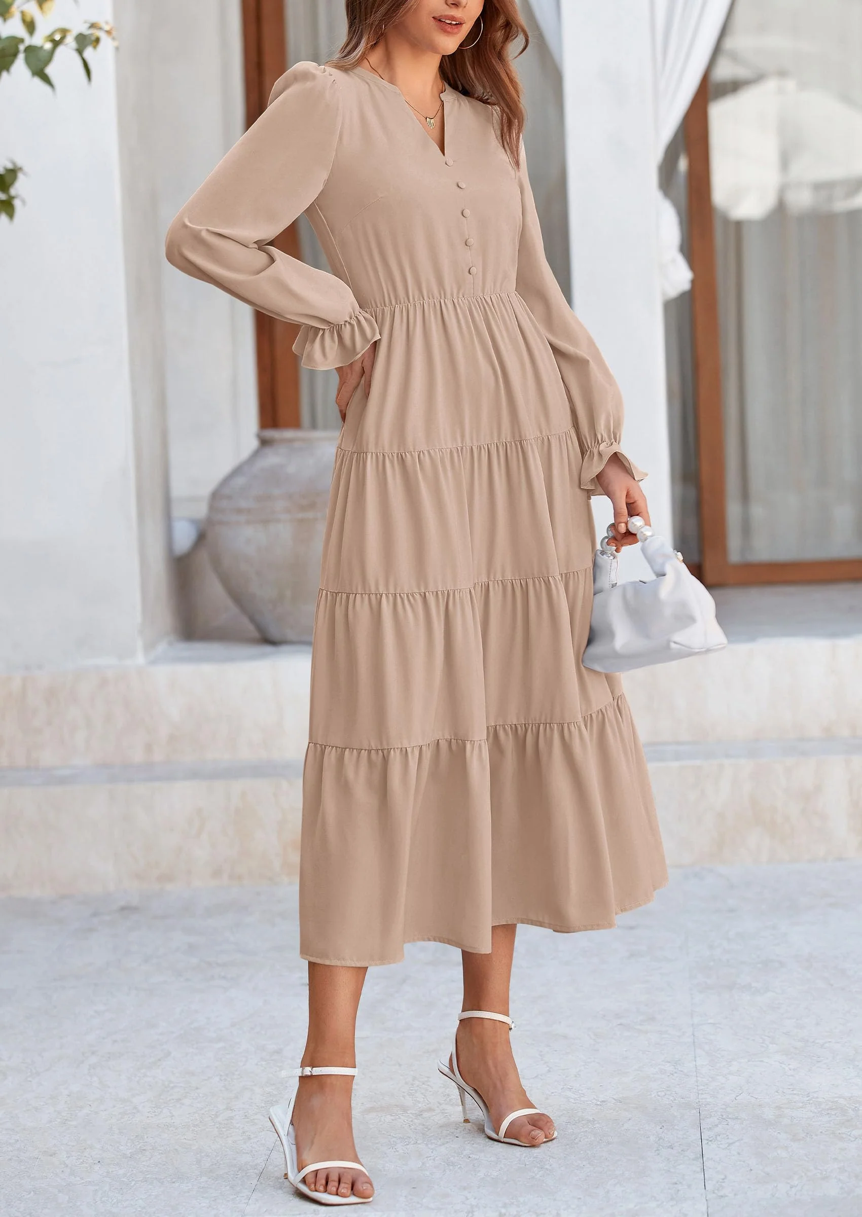 PRETTYGARDEN Women Fall Long Sleeve Smocked Maxi Dress Casual Square Neck Swiss Dot Tiered Ruffle Flowy Spring Pocket Dresses - Image 116