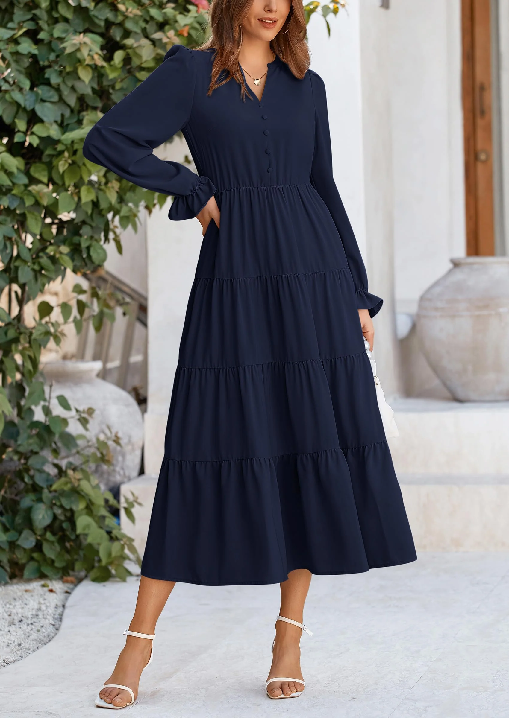 PRETTYGARDEN Women Fall Long Sleeve Smocked Maxi Dress Casual Square Neck Swiss Dot Tiered Ruffle Flowy Spring Pocket Dresses - Image 119