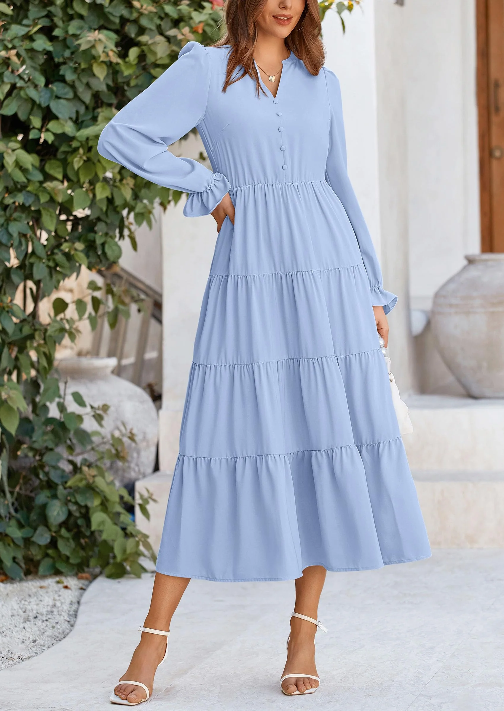 PRETTYGARDEN Women Fall Long Sleeve Smocked Maxi Dress Casual Square Neck Swiss Dot Tiered Ruffle Flowy Spring Pocket Dresses - Image 12